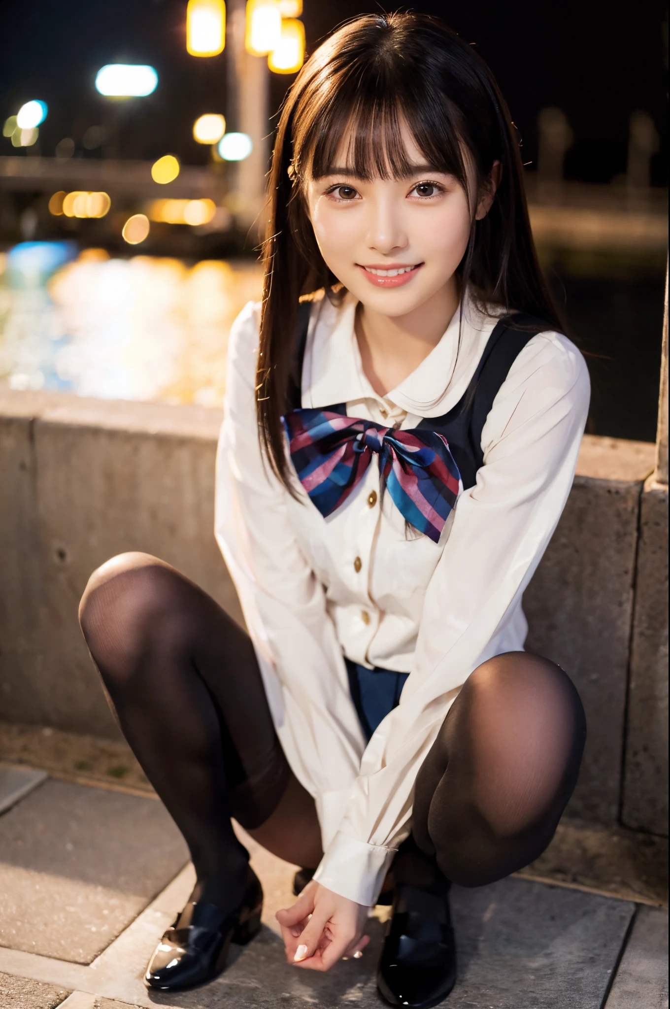 ulzzang -6500-v1.1, (Raw photo:1.2), (Photorealsitic), a beautiful detailed girl, (Real: 1.4), extremely detailed eye and face, ((Japan School Uniforms、super realistic pantyhose:1.2))、((nightcity:1.2)), Squatting、selfee, Instagram、game_nffsw, huge filesize, hight resolution, ighly detailed, top-quality, [​masterpiece:1.6], illustratio, ighly detailed, nffsw, finely detail, top-quality, 8k wallpaper, Cinematographic lighting, 1girl in, , perfect body type, cute droopy eyes beautiful big eyes、Pieckfinger, ((masutepiece)), Best Quality, 1girl in, eye shadow,  Portrait, ((FULL BODYSHOT:1.4))、(Very affectionate smile:1.2)、realistic skin textures、shinny skin、Exposed thighs!!!