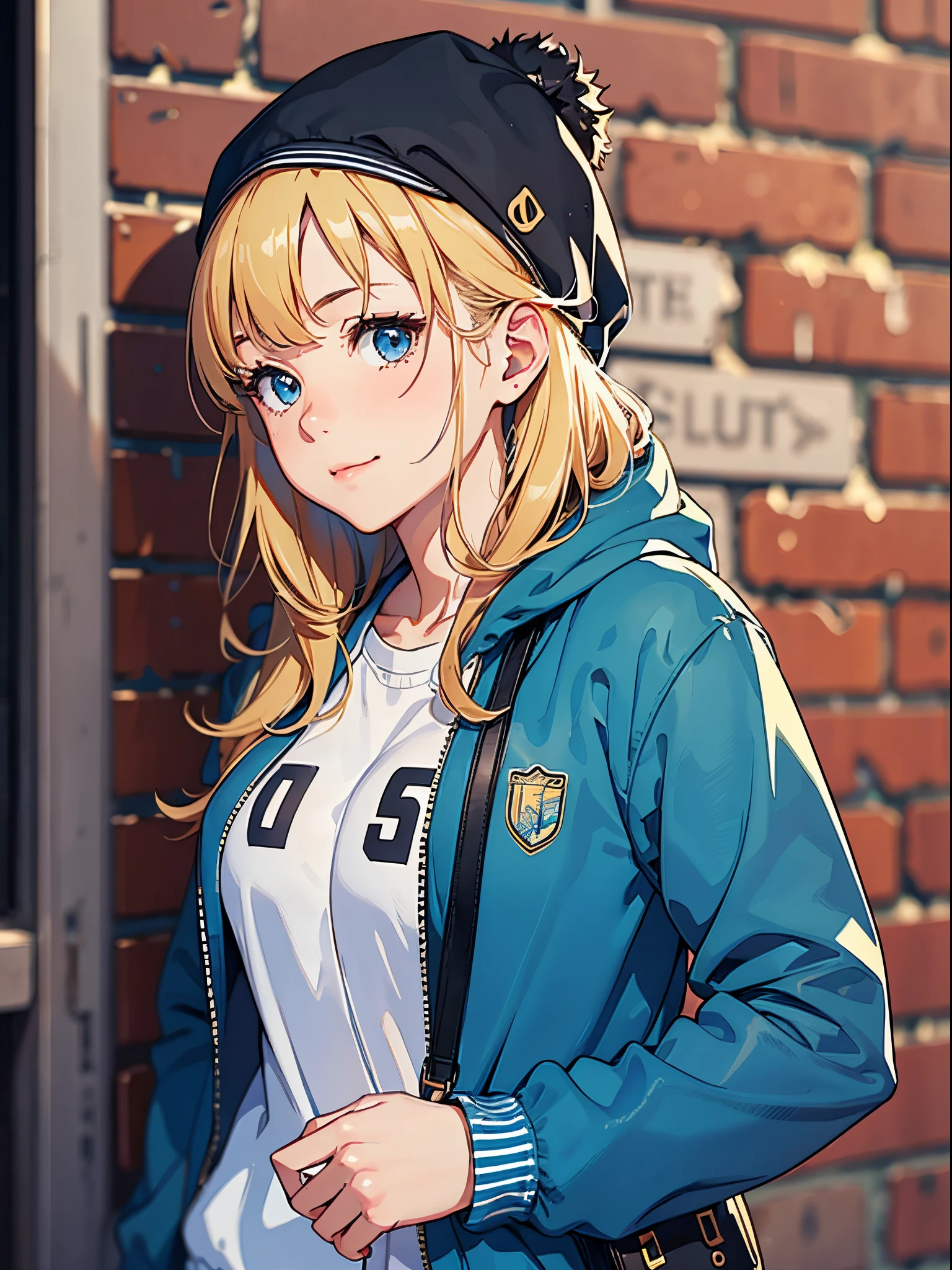 ((Best Quality, 8K, Masterpiece:1.3)), (Focus: 1.2), (Perfect Body Beauty, Photorealistic: 1.4), (Best Quality), (Best Shadow), Detailed, Perfect Lighting, (depth of field:1.3),
BREAK
1girl, solo, blonde hair, little smile, blue eyes, Swept bangs, big breasts, perfect anatomy, (10 heads tall),
BREAK
stand against the brick wall, looking away, upper body, ((blue baggy college jacket)), (sweatshirt), (a girl's crossbody bag), knit hat, sneakers, (black tracksuit pants)
