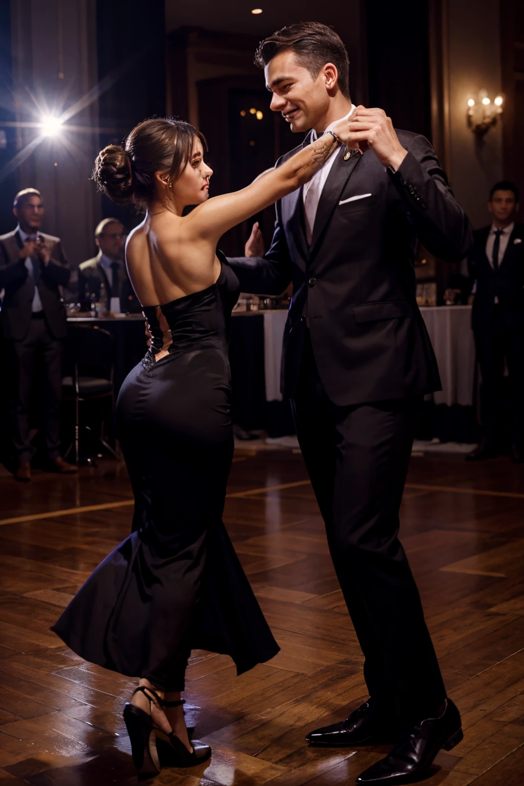 a man in a suit and an elegant girl dancing at a ball