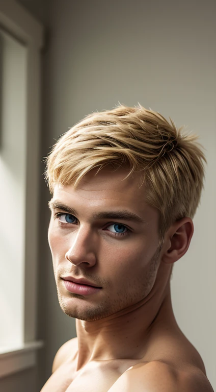 A photorealist image of a blond man, in his room, without a shirt, (freckles: 0.1) beautiful face, attractive face, model face, male face, detailed eyes, light green eyes, eyes with a halo honey color, dark eyelashes, dark eyelashes, Long eyelashes, small nose, large mouth, square chin, square jaw, muscular body,
Tiring from a foreground angle to capture the sensation of texture and vitality.