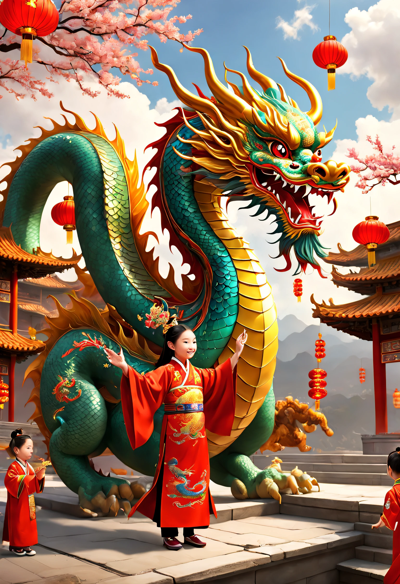 3D character rendering,((In the center of the picture,A gorgeous Chinese dragon displayed in front of people,This dragon's scales sparkle,Wearing colorful dragon robe,Precious gems and jewels are embedded everywhere,Shimmering with dazzling light。dragon silk'Body covered with exquisite embroidery,outline auspicious clouds、Gourd auspicious pattern,Showing a strong flavor of traditional Chinese culture)),((Around the dragon,Red couplets hung high on the lintel,The first couplet says &cite;golden dragon welcomes spring&cite;,The second line reads &cite;Full of blessings&cite;,dignified handwriting、neat,It means the joy and beauty of the new year。The walls of the Dragon Queen are filled with gold flowers and lantern calendars.,Reflect the festive atmosphere)), (((In Dragon'the feet,A row of shiny firecrackers scattered on the ground,Smells like an explosion,It seems to be celebrating the arrival of the New Year。And next to the dragon,A group of children gathers,Holding colorful red envelopes in hand,Bless each other with smiles on their faces: 1.5), ((Chinese element background,Auspicious cloud background)), (Perspectives, first person perspective, Ghibltyle colors, Luminism, 电影灯光, hyper HD, tmasterpiece, acurate, Anatomically correct, ctextured skin, super detailing, high detal, high qulity, Award-Awarded, Best quality at best, 16k), Pop Mart blind box, 3 Rendering