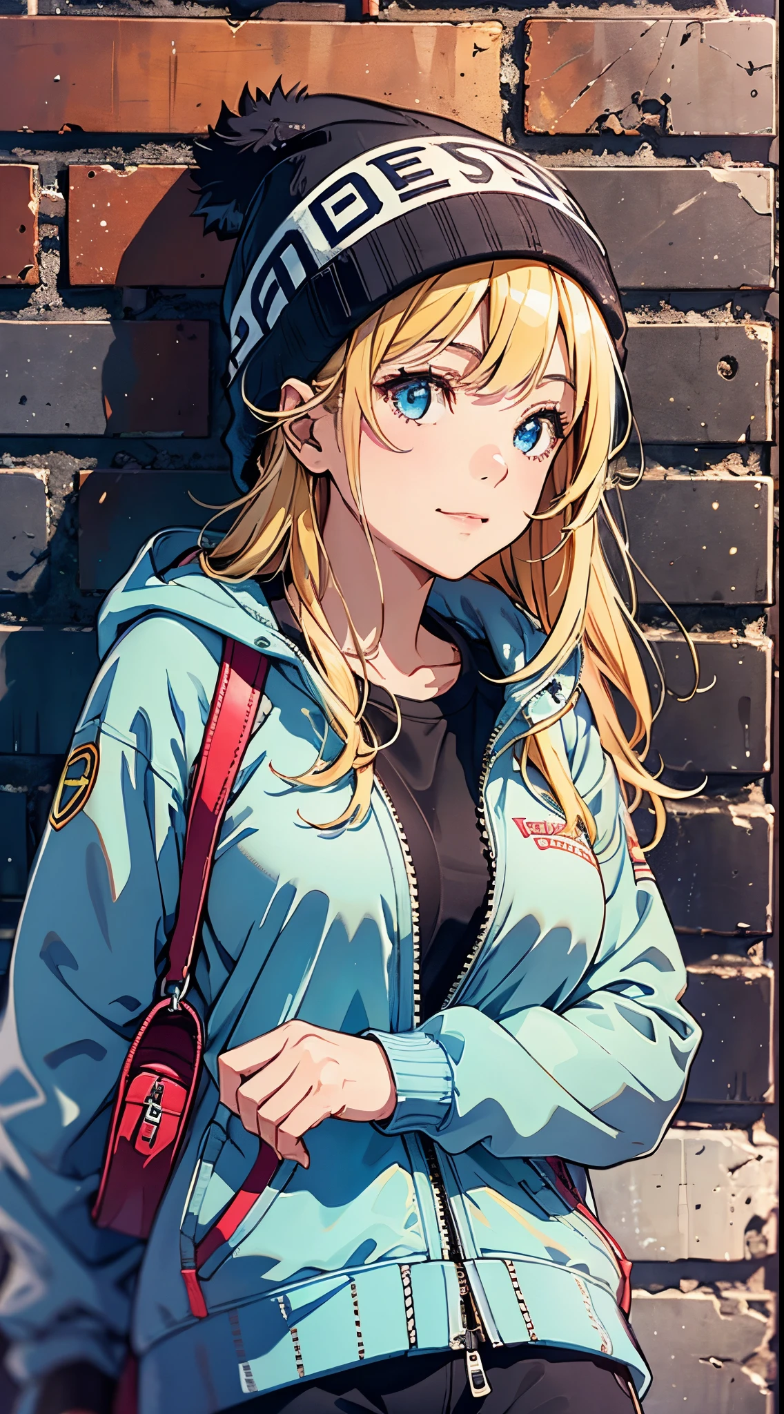 ((Best Quality, 8K, Masterpiece:1.3)), (Focus: 1.2), (Perfect Body Beauty, Photorealistic: 1.4), (Best Quality), (Best Shadow), Detailed, Perfect Lighting, (depth of field:1.3),
BREAK
1girl, solo, blonde hair, little smile, blue eyes, Swept bangs, big breasts, perfect anatomy, (10 heads tall),
BREAK
stand against the brick wall, looking away, upper body, ((blue baggy college jacket)), (sweatshirt), (a girl's crossbody bag), knit hat, sneakers, (black tracksuit pants)