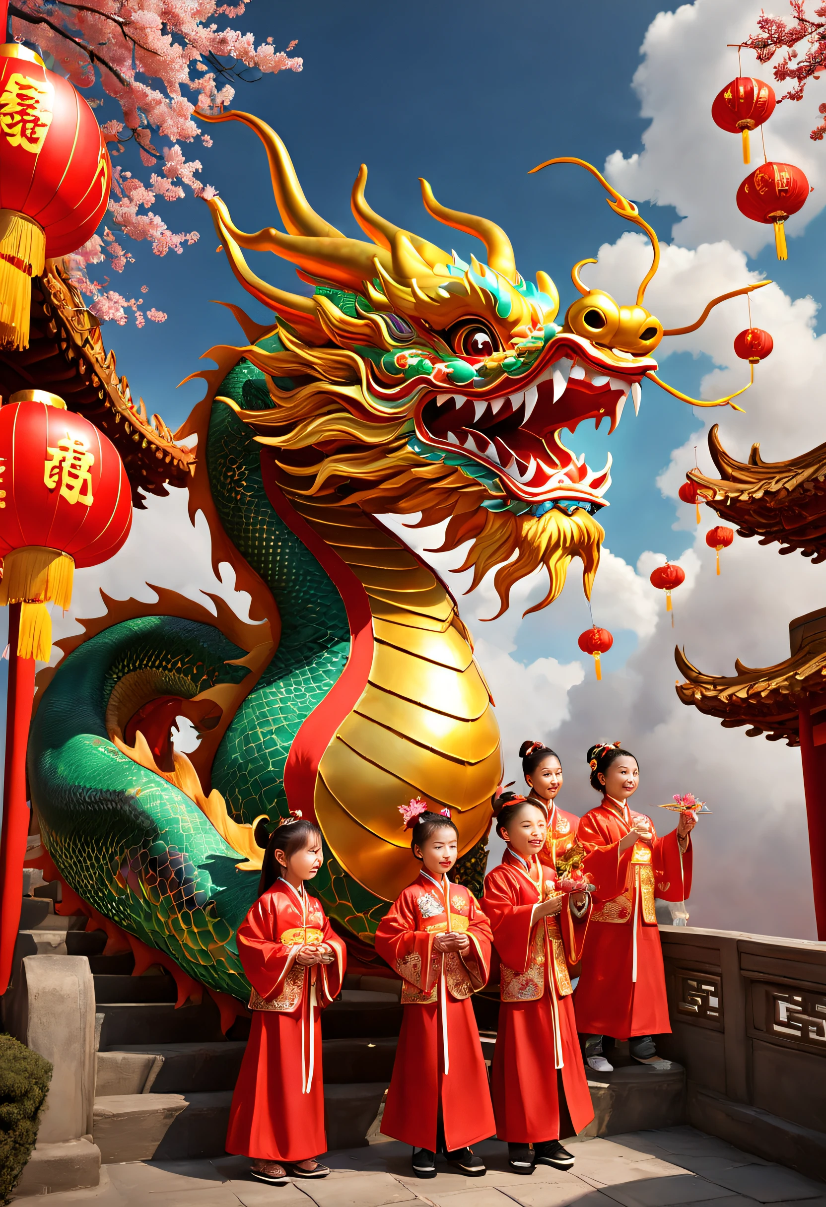 3D character rendering，((In the center of the picture，A gorgeous Chinese dragon  displayed in front of people，This dragon&#39;s scales sparkle，Wearing colorful dragon robe，Precious gems and jewels are embedded everywhere，Shimmering with dazzling light。dragon silk&#39;Body covered with exquisite embroidery，outline auspicious clouds、Gourd auspicious pattern，Showing a strong flavor of traditional Chinese culture))，((Around the dragon，Red couplets hung high on the lintel，The first couplet says &cite;golden dragon welcomes spring&cite;，The second line reads &cite;Full of blessings&cite;，dignified handwriting、neat，It means the joy and beauty of the new year。The walls of the Dragon Queen are filled with gold flowers and lantern calendars.，Reflect the festive atmosphere)), (((In Dragon&#39;the feet，A row of shiny firecrackers scattered on the ground，Smells like an explosion，It seems to be celebrating the arrival of the New Year。And next to the dragon，A group of children gathers，Holding colorful red envelopes in hand，Bless each other with smiles on their faces: 1.5), ((Chinese element background，Auspicious cloud background)), (Perspectives, first person perspective, Ghibltyle colors, Luminism, 电影灯光, hyper HD, tmasterpiece, acurate, Anatomically correct, ctextured skin, super detailing, high detal, high qulity, Award-Awarded, Best quality at best, 16k), Pop Mart blind box, 3 Rendering
