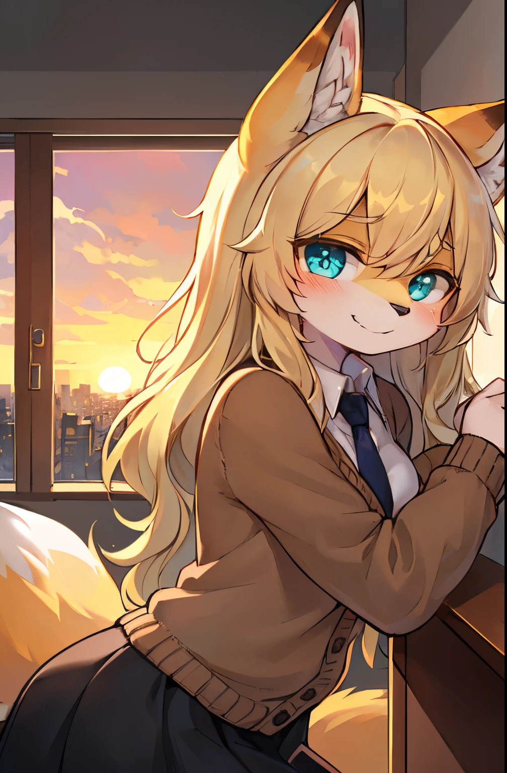 absurdres, furry, female furry, anthro, trending on artstation, uploaded on e621, detailed portrait of a anthro woman, extreme detail, detailed fluffy fur, full body, blushing, detailed eyes, (shaded), (detailed lighting), (cinematic lightinasterpiece, hi res, RAW photo, high resolution, high details, best quality), high definition, (high sharpness:1.3), fox ears, fox tail, long hair, parted bangs, (wavy_hair:1.3), blonde hair, aqua eyes, small breast, brown cardigan, white sweater, black skirt, room, looking at viewer, smile, from side, window, cityscape, sunset, scenery, necktie