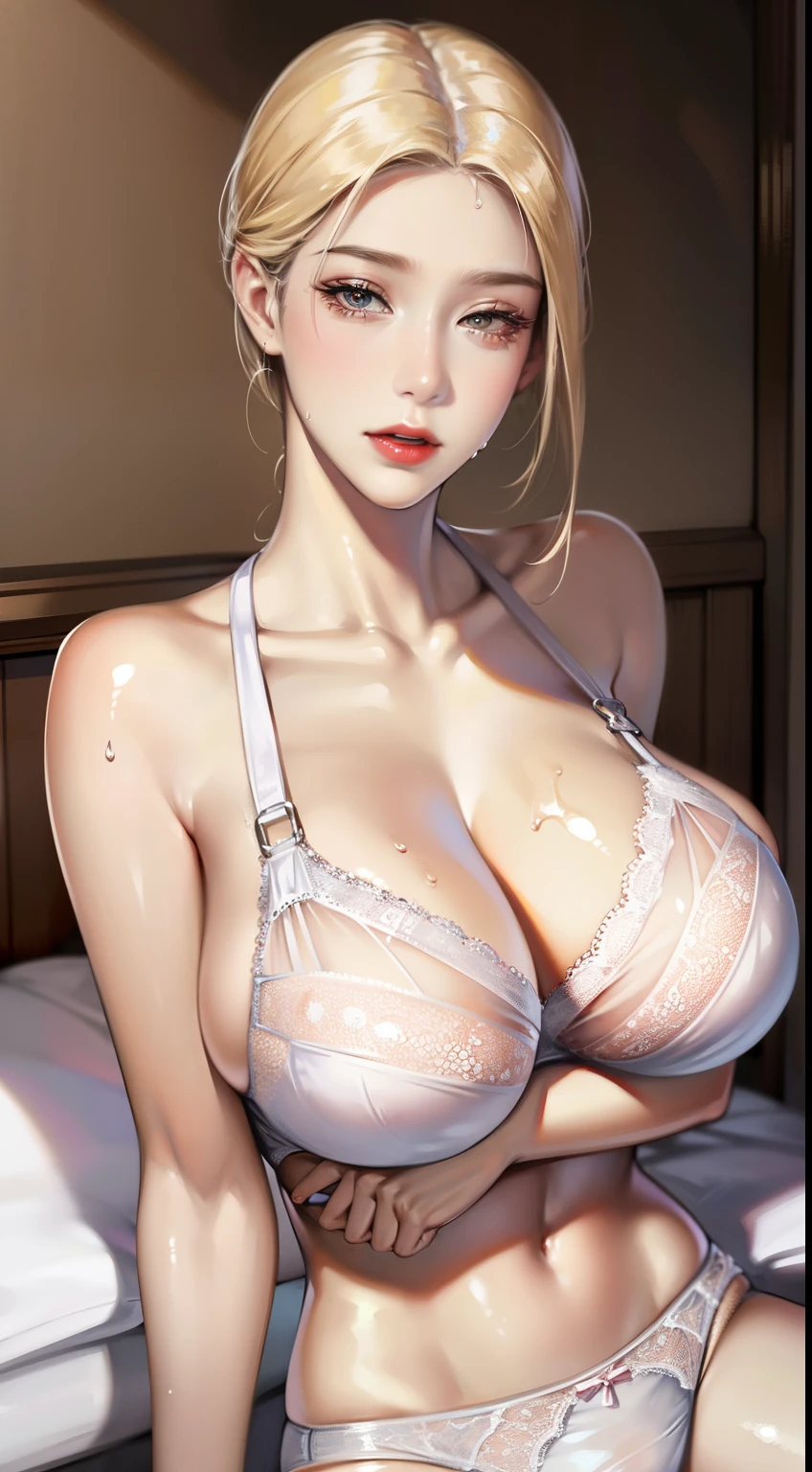 An ultra-high picture quality、Realistic depiction、8K, Detailed people、细致背景、A detailed face、Attractive 28 year old beautiful woman、The face of the movie actress、Double eyelid eyes、Looking here、White thin lace underwear that gets wet and sticks to the skin、My underwear becomes see-through due to sweat、very large breast、wide open legs、You can see the colors and shapes of  、You can see the color and shape of the areola、The entire chest shows through、Sitting on the bed、Oil skin、(((Oil,gleaming skin、realistic skin textures、Detailed beautiful skin、Shiny skin、shiny white skin))),