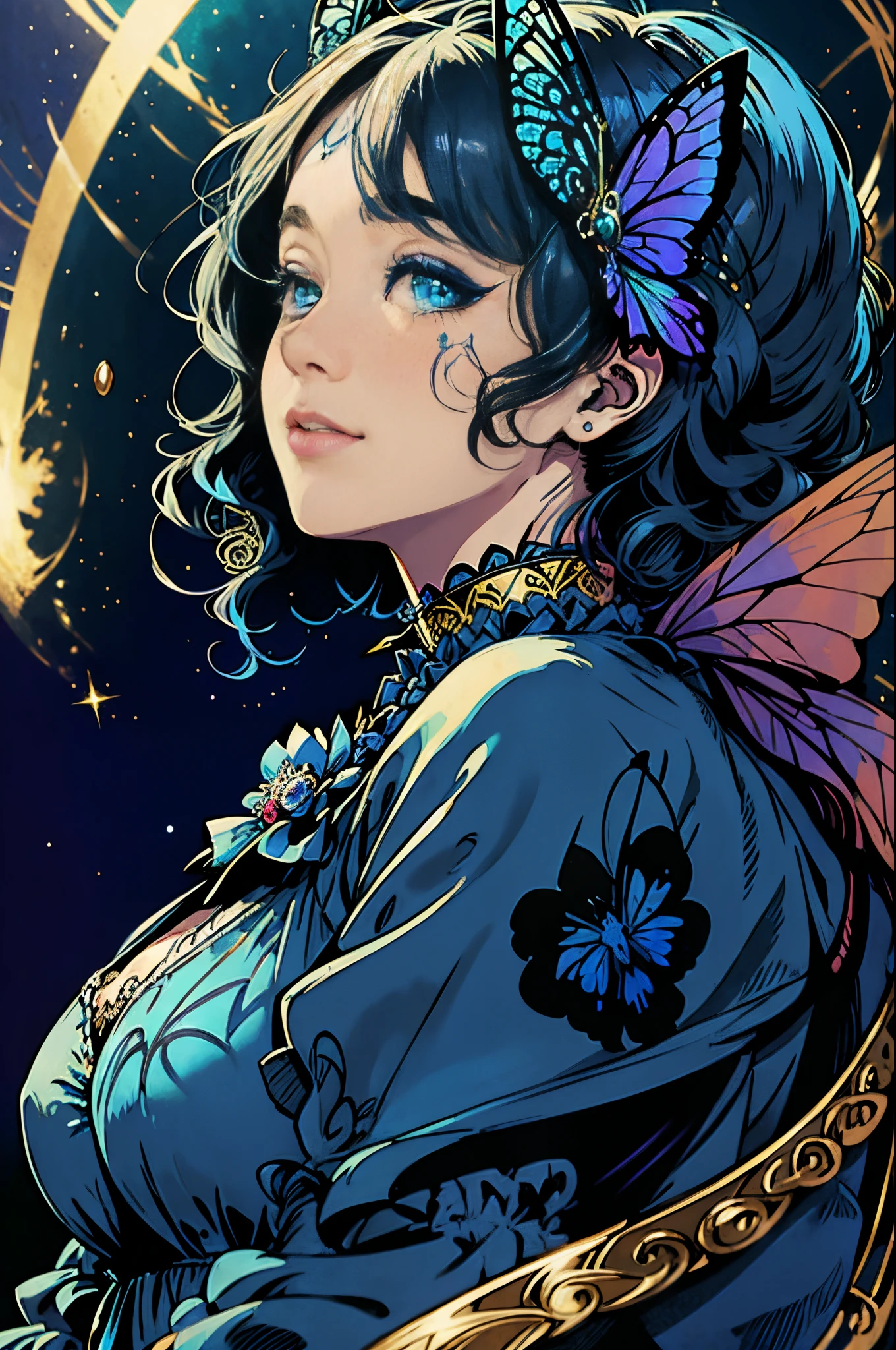 Butterfly motif、blue undertone、Vibrant colors、((​masterpiece)))、(((top-quality)))、((ultra-detailliert))、(A hyper-realistic)、(highly detailed CGillustration）、Official art、Luxembourg in the early 20th century、Decadent、Madame Papillon、Cool Beauty、Masquerade、sophisticated menegance、Gorgeous、Colorful and detailed mask design、matchless beauty、Fans、gorgeous dress、jewely、Female Solo、Perfect Angle、perfect-composition、from the front side