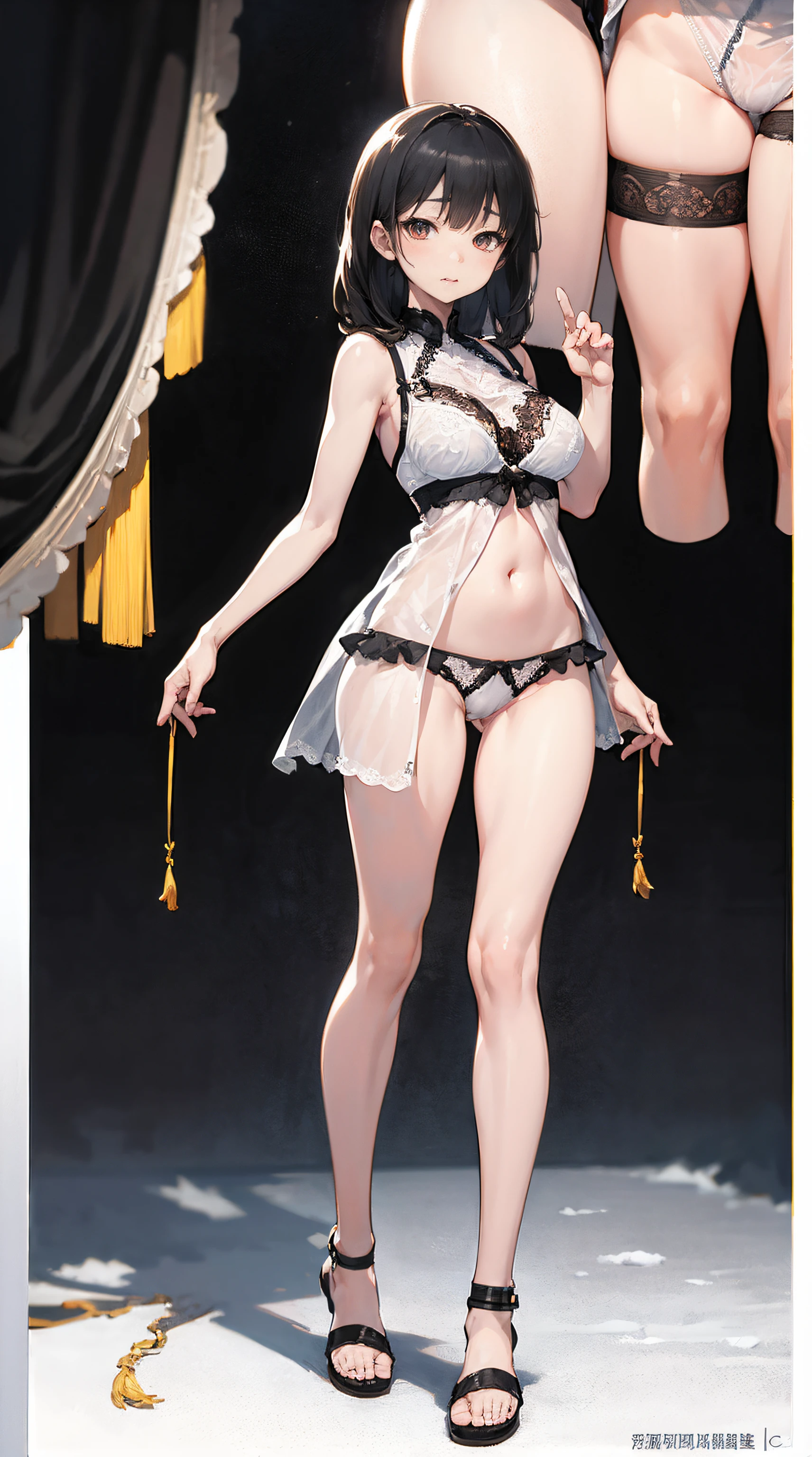 (1 female),full-body view,Snow-white skin,Full body lesbian,,pretty legs,sandals,White transparent lace underwear,Clothes are, Only transparent underwear,white transparent exposed,Perfect five fingers,Pretty big breasts, settle、quality、settle、quality、(tmasterpiece)、The facial details are particularly rich、Original characters、perfect litthing、The best colors are extremely rich、It was beautiful、finely detailled、超高分辨率、Plenty of natural light and optimal color tones、Deep in the field(quality、superbly fine details:1.4)