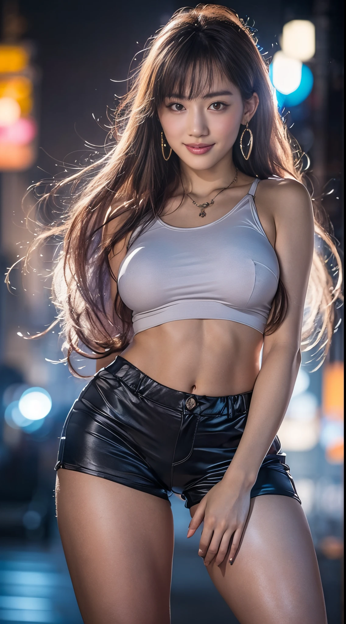 8K, masutepiece, Raw photo, Best Quality, Photorealistic, Highly detailed CG Unity 8k wallpaper, depth of fields, Cinematic Light, Lens Flare, Ray tracing, (Extremely beautiful face, Beautiful lips, Beautiful eyes), intricate detail face, ((Ultra detailed skin)) 1girl in, In the Dark, deepshadow, Pretty Korean girl, Kpop Idol, 1 girl, (Very slim and slender fit muscular body:1.3), ((Looking at Viewer)),(Big smile:1.3), (Fashion City Night, a dark night, (Neon sign), (Blurred background), Fashion Street Night),(No people in the background:1.3), Beautiful earrings, Bracelets, Necklace, pantyhose, Clear eyes, Walking, (pale skin), (big eye ace forward, (brown hair body shot), (()), (()), , (Looking at Viewer:1.3) opened breast, Very slim, Colossal tits, backtrack, (Back shot), ass forcus, Before the eyebrows,(((Silk Shorts))), thick thighs,