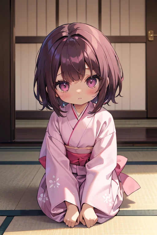 large pink yukata、5  beautiful girl、Frightened look、Brown-skinned、A dark-haired、boyish、crouching down