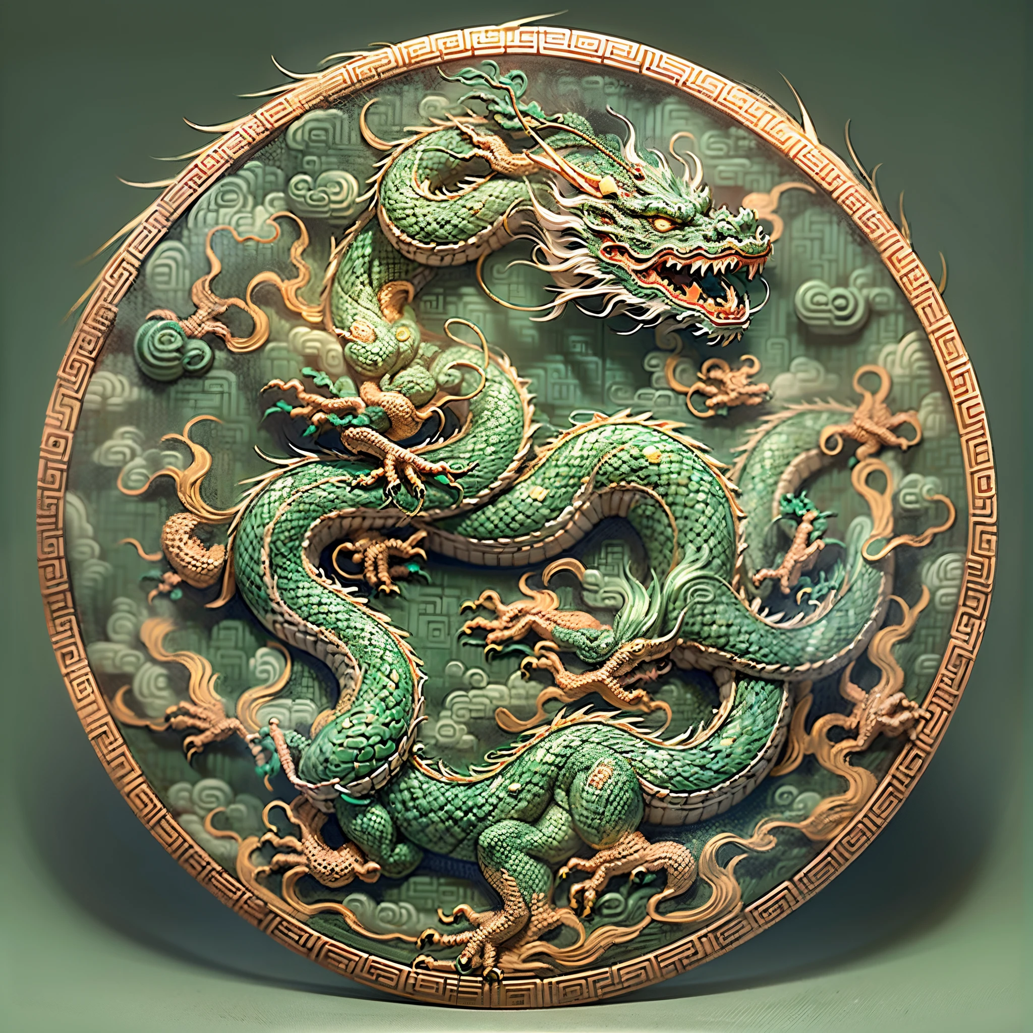 (Masterpiece), 1 round jade wall piece, carved (Chinese Dragon: 1.5), (made of jade and gold, matte finish, worn), (traditional carving, etching technique), It  in the collection of the Metropolitan Museum of Art , product aesthetic lenses, Chinese style, , realistic photos