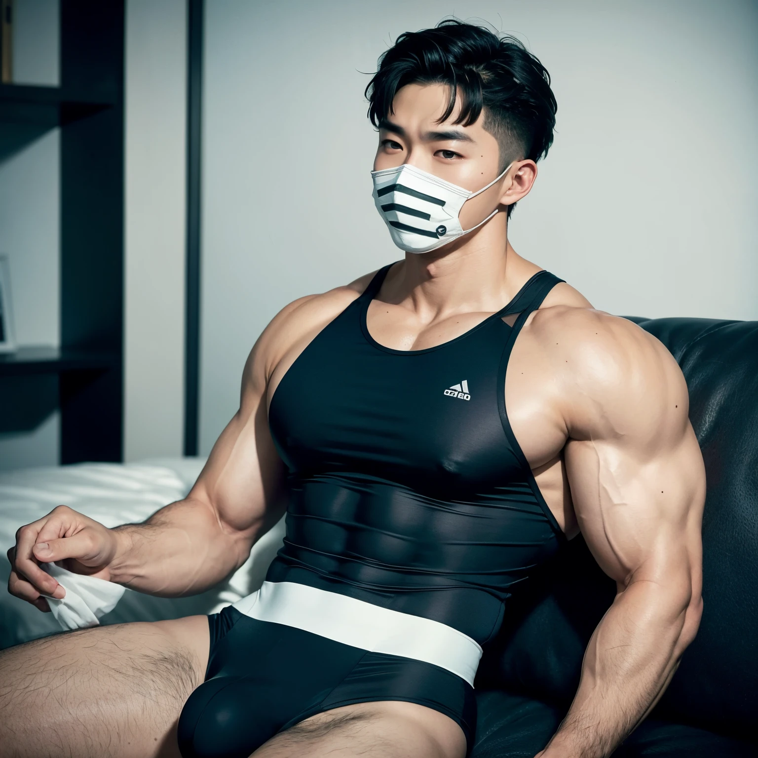 Korean Man, Sexy man, wearing a body-tight black sportswear, Bodybuilder, Muscular body, big muscle, Short and delicate hair, Natural eyes, 
 looking up at viewer, taned skin, big bulge, thick-thighs, Masterpiece, Best Quality