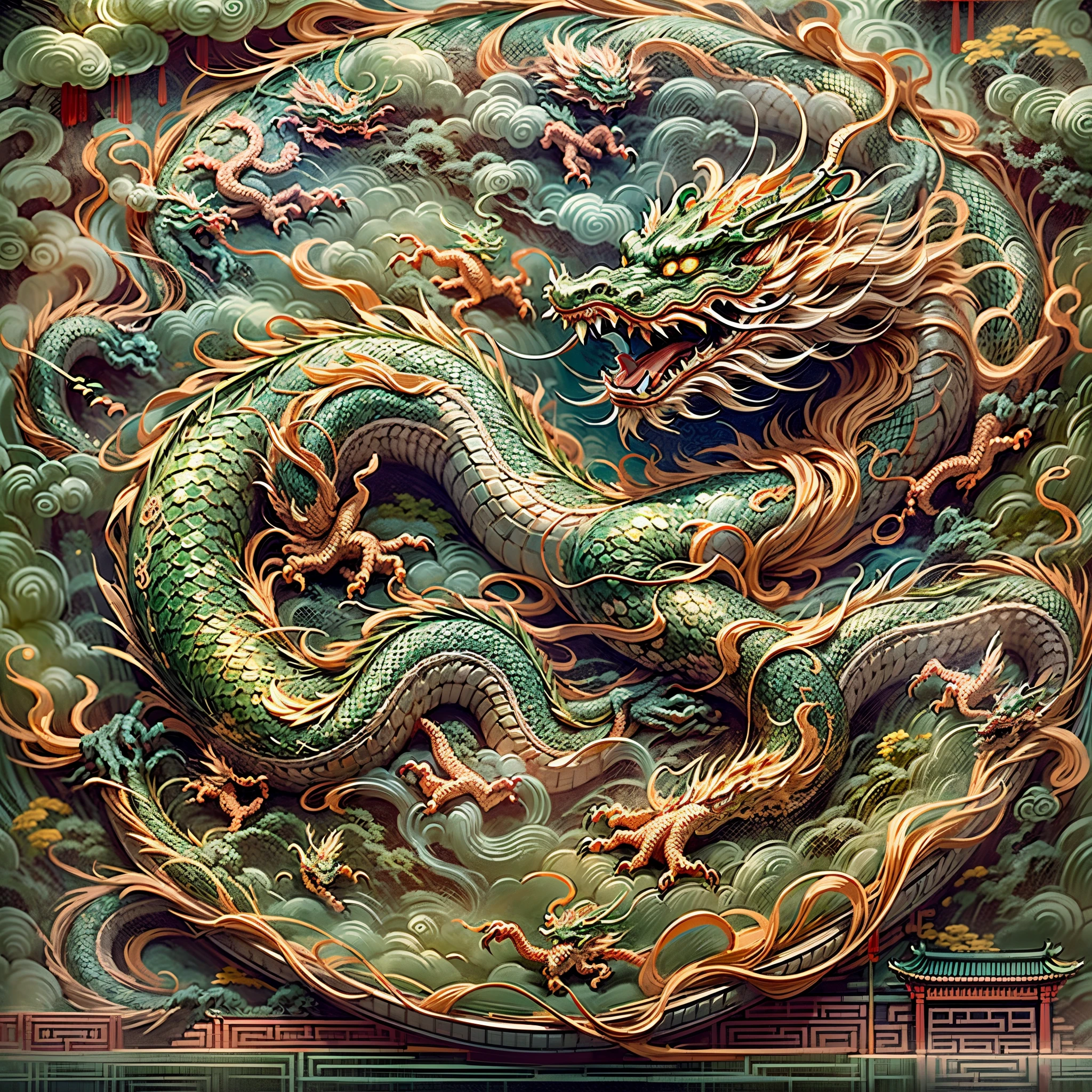 3D character rendering，((In the center of the picture，A gorgeous Chinese dragon  displayed in front of people，This dragon&#39;s scales sparkle，Wearing colorful dragon robe，Precious gems and jewels are embedded everywhere，Shimmering with dazzling light。dragon silk&#39;Body covered with exquisite embroidery，outline auspicious clouds、Gourd auspicious pattern，Showing a strong flavor of traditional Chinese culture))，((Around the dragon，Red couplets hung high on the lintel，The first couplet says &cite;golden dragon welcomes spring&cite;，The second line reads &cite;Full of blessings&cite;，dignified handwriting、neat，It means the joy and beauty of the new year。The walls of the Dragon Queen are filled with gold flowers and lantern calendars.，Reflect the festive atmosphere)), (((In Dragon&#39;the feet，A row of shiny firecrackers scattered on the ground，Smells like an explosion，It seems to be celebrating the arrival of the New Year。And next to the dragon，A group of children gathers，Holding colorful red envelopes in hand，Bless each other with smiles on their faces: 1.5), ((Chinese element background，Auspicious cloud background)), (Perspectives, first person perspective, Ghibltyle colors, Luminism, 电影灯光, hyper HD, tmasterpiece, acurate, Anatomically correct, ctextured skin, super detailing, high detal, high qulity, Award-Awarded, Best quality at best, 16k), Pop Mart blind box, 3 Rendering