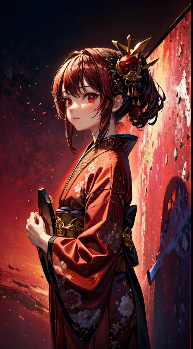 A World in Crimson Red, a girl in a red geisha costume, very gorgeous kimono, large-scale murals, multilayered dimensions, red sky, Red Japanese architecture, red gradient, anime wallpaper lovely red lantern girl, ultra detailed face, kawaii, in the style of stage-like environments, japanese-style landscapes, dark red and bright red, dark Burgundy and light crimson, digital art techniques --ar 5 7 --niji 5 --style cute,