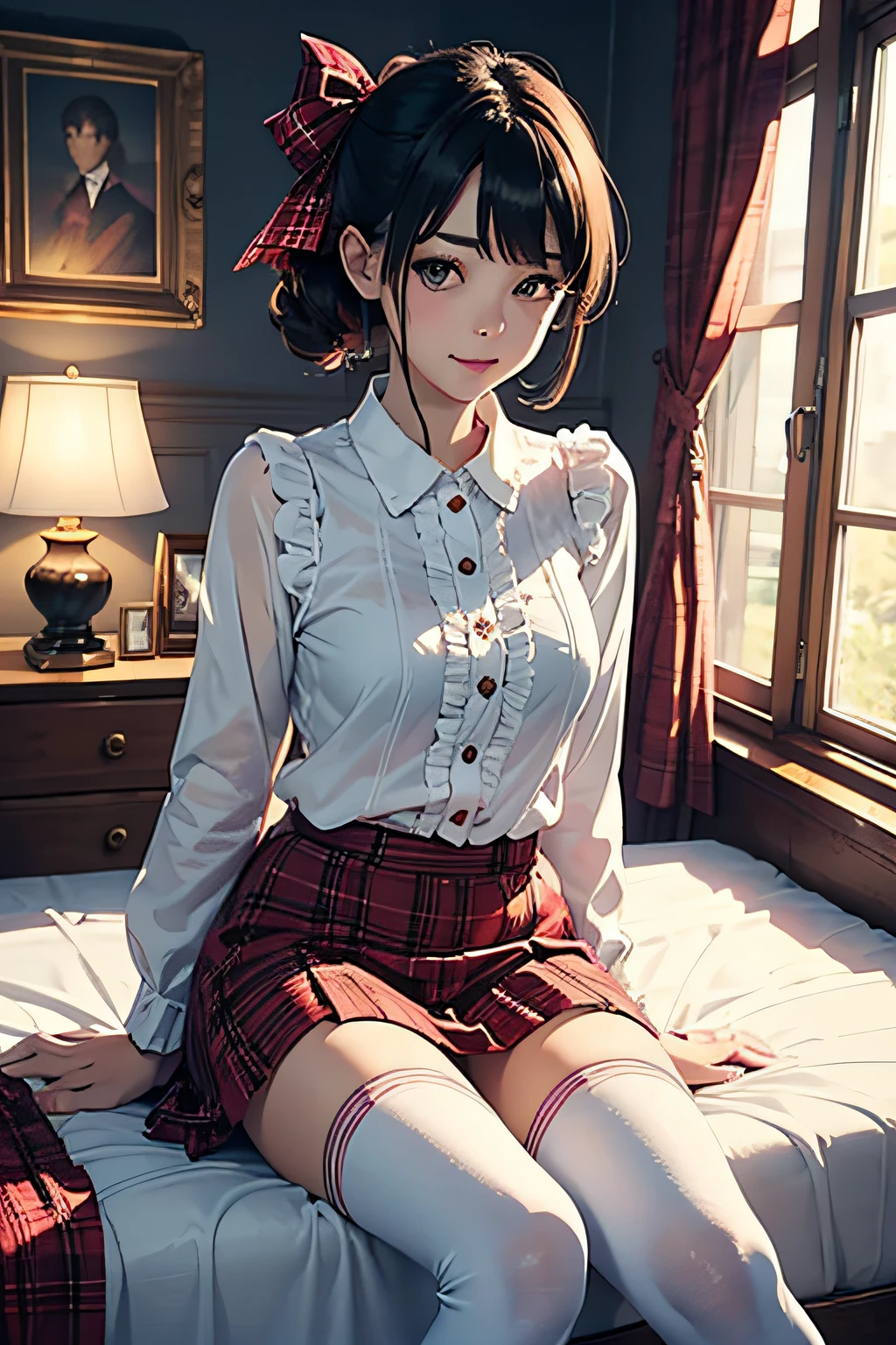 Anime image quality、32years old、Beautuful Women、brown haired、short-hair、poneyTail、Red blouse、Red mini skirt、Red pleated skirt、red knee-high boots、Red panties、FULL BODYSHOT, Camel petals, Spread your legs, wet, bare,