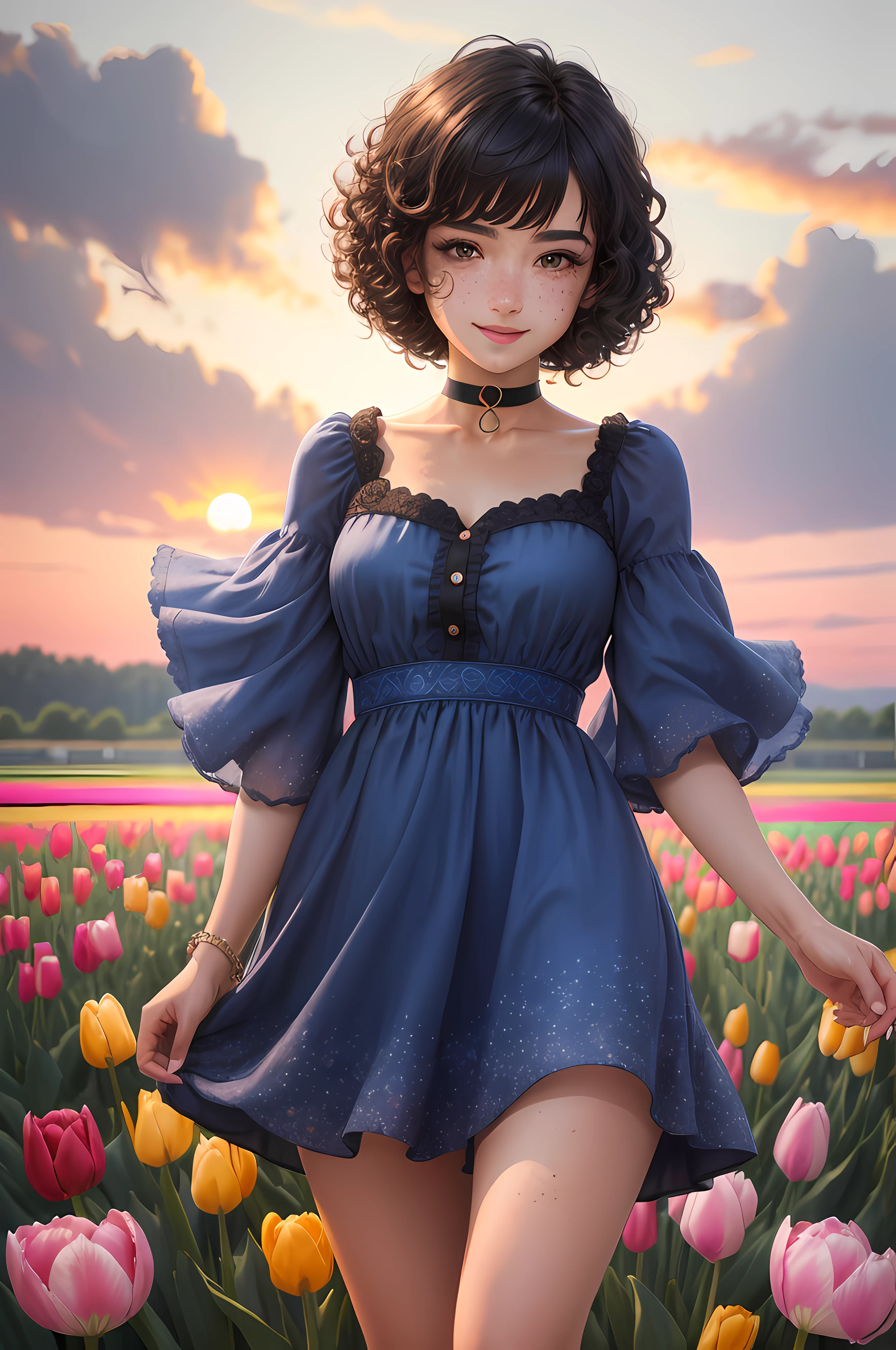 Ultra Detailed, Very Detailed, Masterpiece, Highest Quality, Best Quality, Ridiculous, High Resolution, Subsurface Scattering, (1girl: 1.5), (solo: 1.4), Smile, (curly black hair), (curly bob haircut:1.2), Asymmetrical Hair, Asymmetrical Bangs, short wave bang, (dark brown eyes:1.2), round eyes, detailed eyes, perfect brown eyes, rendered brown eyes, (looking at viewer: 1.1), dynamic pose, dynamic angle, full body, detailed Skin, skin pores, shiny skin, lustrous skin, (skindentation:1.2), (light freckles:1.2), large breasts, hair flow, idol, (blue summer dress:1.2), summer, (sunset), outdoors, orange sunset sky, (tulip field:1.2), (water:0.8 ), (detailed background: 1.2), (complex background: 1.2), depth of field, small choker,