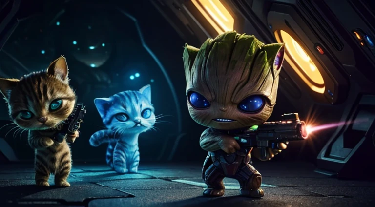 Cinematic, masterpiece, 4K, Galaxy guardian little Groot, in an alien spaceship, neon light, angry, holding a gun, shooting aliens, full body shot, side shot, movie scene, (small alien cats:1.4)