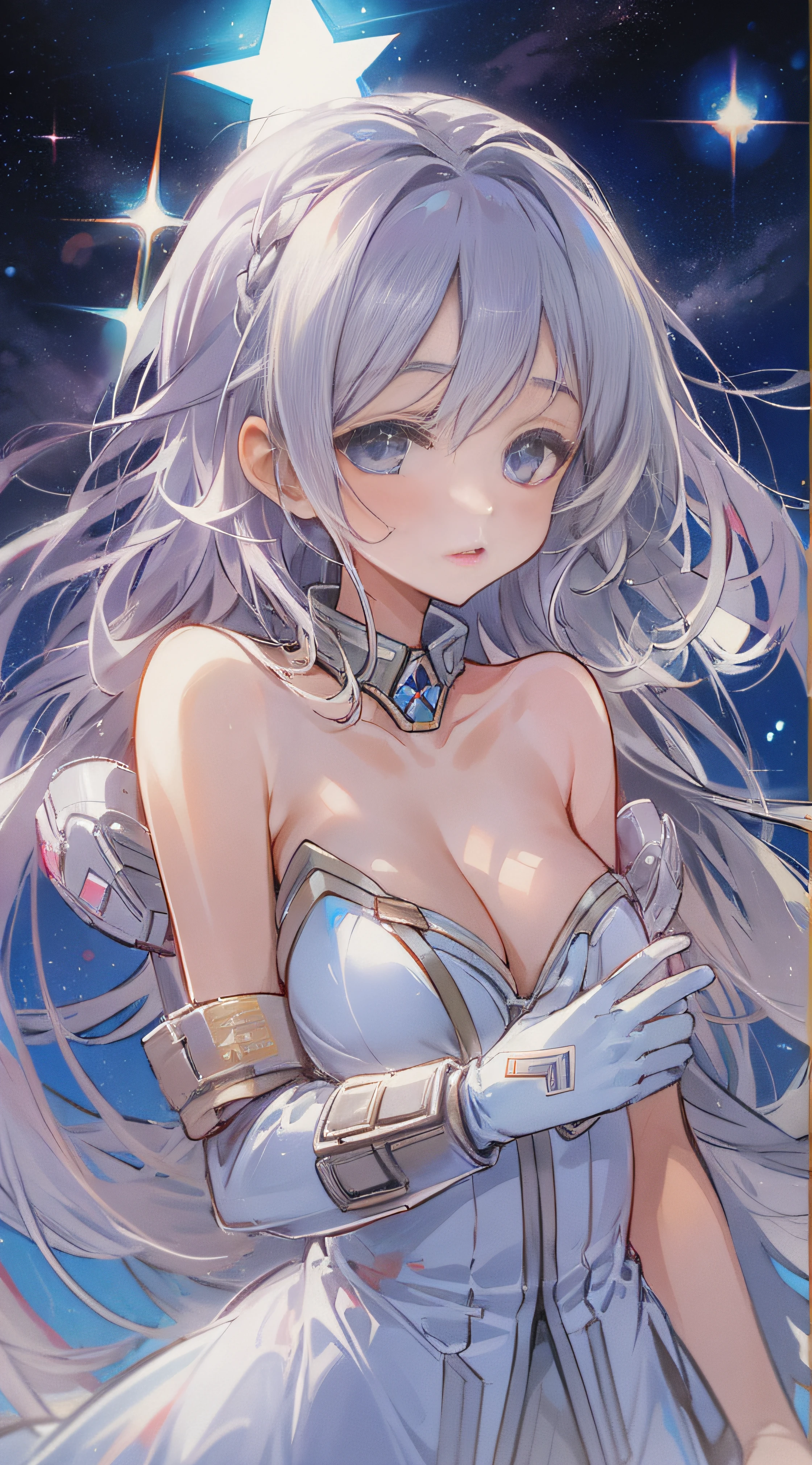 1 busty girl, Long gray hair, look at sky, starrysky, As estrelas, bright night, galaxias, planetes
