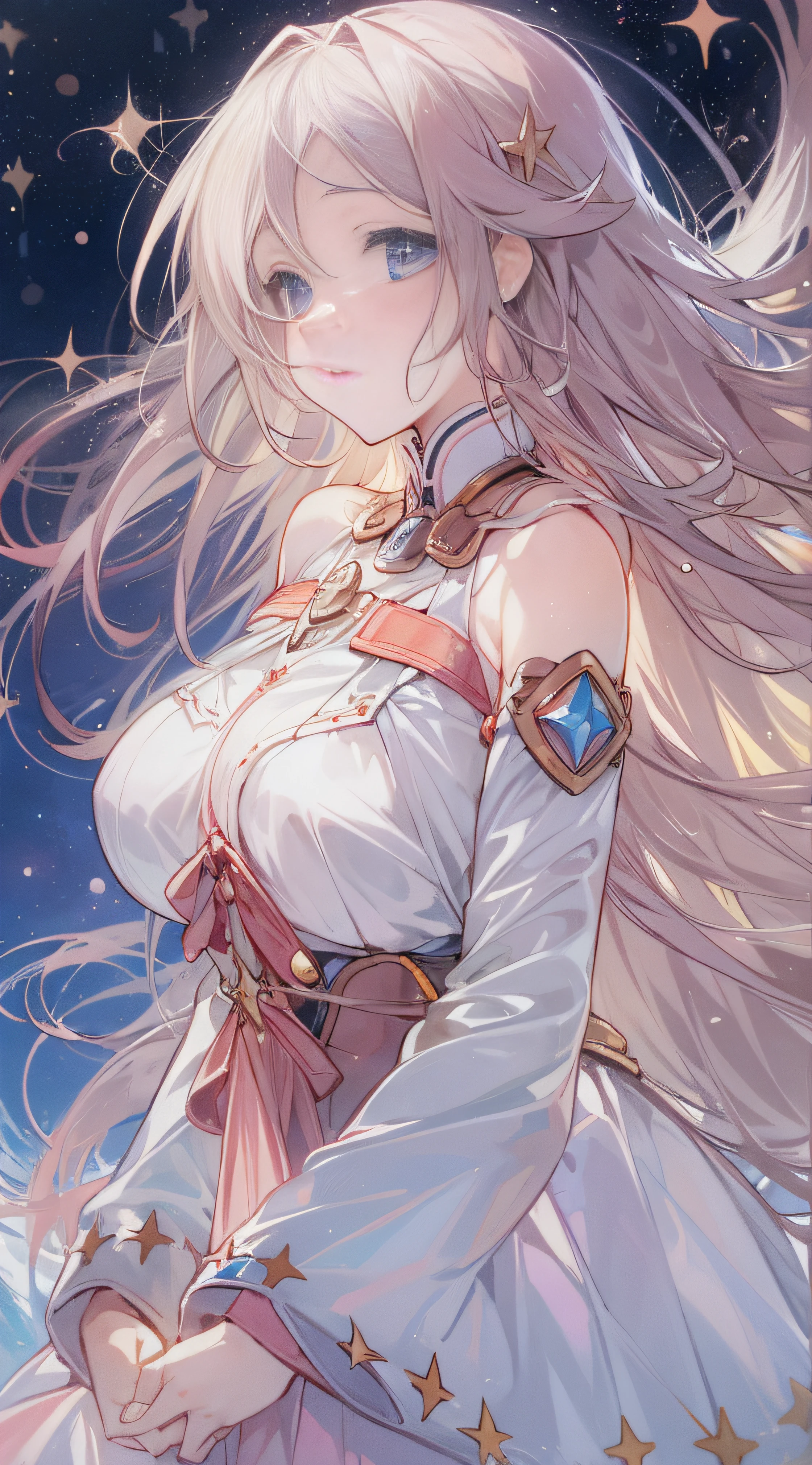 ((best quality)), ((masterpiece)), (detailed), perfect face, perfect detailed eyes, perfect detailed face, ultra-detailed nose, rich waist-length hair, white silk dress, (fur coat, mink fur), red high heels, Moist eyes, Brilliance, Gorgeous women, high-class prostitutes, cowboy shot, Starry sky