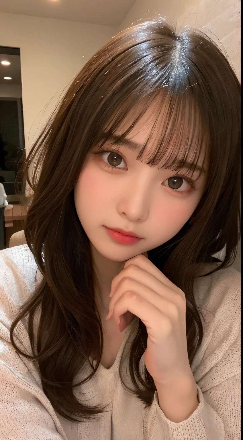 masutepiece, Best Quality, Illustration, Ultra-detailed, finely detail, hight resolution, 8K Wallpaper, Perfect dynamic composition, Beautiful detailed eyes, cute winter loungewear,Medium Hair,Small breasts natural color lip, Random Gravure Pose,luxury home bedroom、20 years girl、Staring at camera with a sexy expression,Night outside,the room became dark.....,Close-up shot of the face,Cute,Perfect and beautiful face