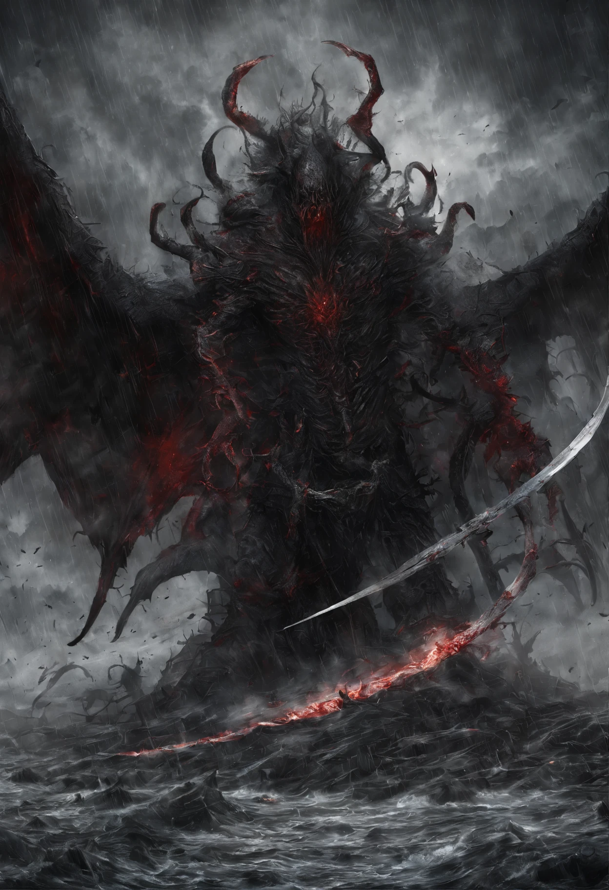 (Messenger from hell:1.4),hell,magma,The whole body wrapped in red flames,(Look up at the perspective:1.4),((Super huge, Thick and sharp giant claw-like scales))),(((The scales are covered with thick barbs)))((Super thick and scary scales)),covered all over the body,((bloodthirsty demon man)),(charging up:1.4),Ugly face,closeup cleavage,Lightning streaked across the sky,(((A thick sea of clouds rolls beneath my feet))),(blood all around),((Blood dripped from between the paws)),(solid:1.4),artworks,ultradetailed,4K分辨率,high high quality,电影灯光,High picture detail,Detailed pubic hair,epic shooting