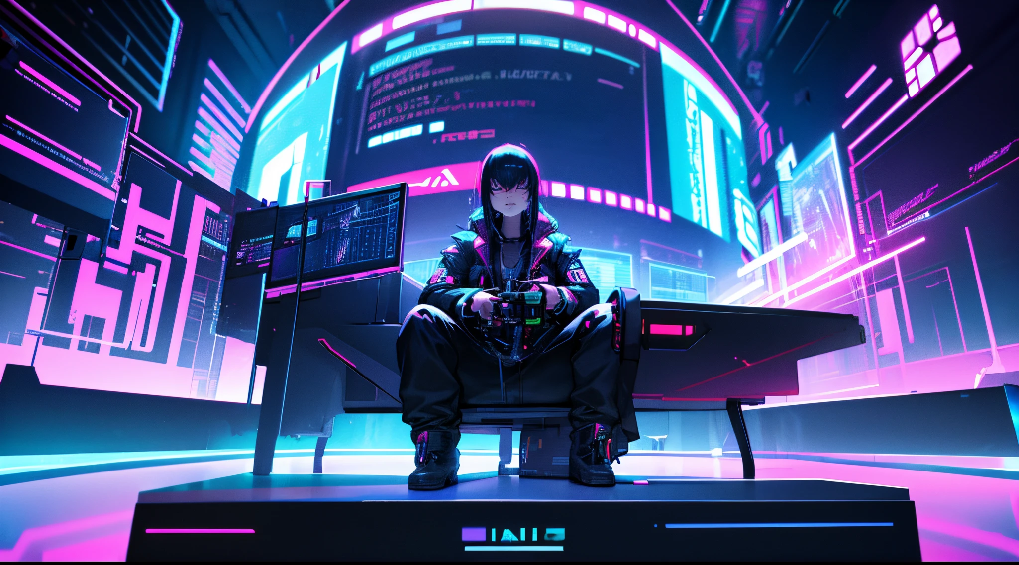 Illustration of a cyberpunk hacker in a virtual reality setting, surrounded by hologram code, futuristic UI, and virtual landscape, surreal cyberpunk art style, Influence of Deviantart and Ghost in the Shell anime, camera: POV, lens: augmented reality lens, Render styles: isometric set, 4K resolution, (((Cyberpunk)))