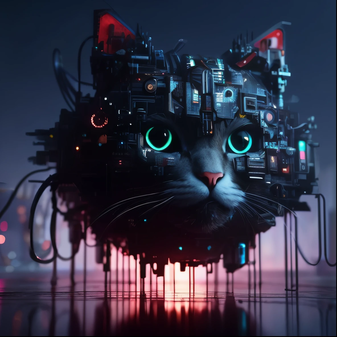 tem um gato sentado em uma mesa com muitos fios, gato cyberpunk, gato ciborgue, um gato ciborgue, Arte digital altamente detalhada em 4k, gatinho ciborgue, gato do vazio, robot cat, 3 d render bipe, Cybercat, Hybrid style beep blend, 3d arte digital 4k, bipe!!