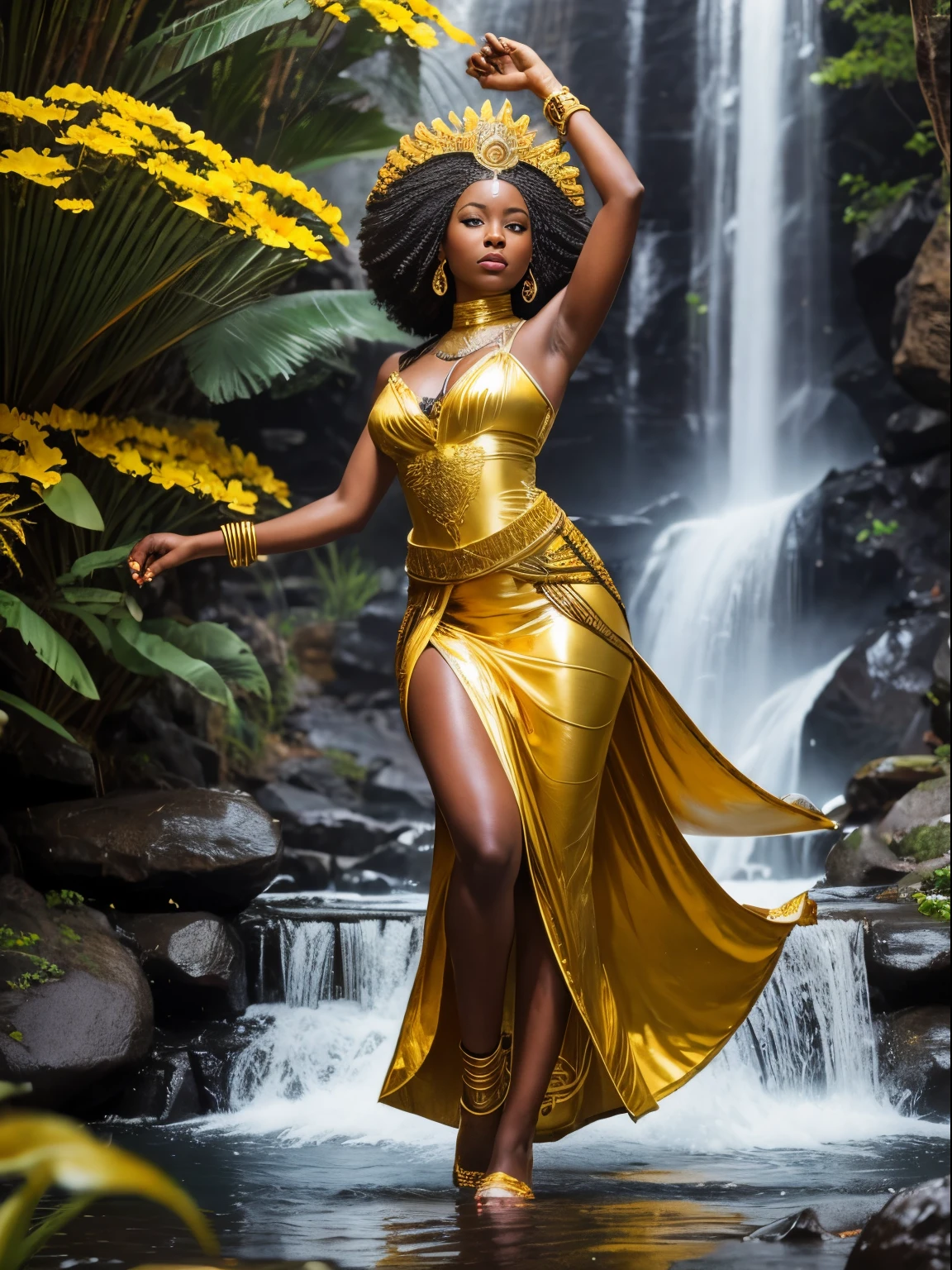 side angle view of a full body sculpture of a black woman made out of black and gold marble, sculpture on top of a mountain overlooking a large vegetational forest, night time, stars reflecting a bioluminescent light on the sculpture creating beautifully creating a cinematic visual masterpiece 