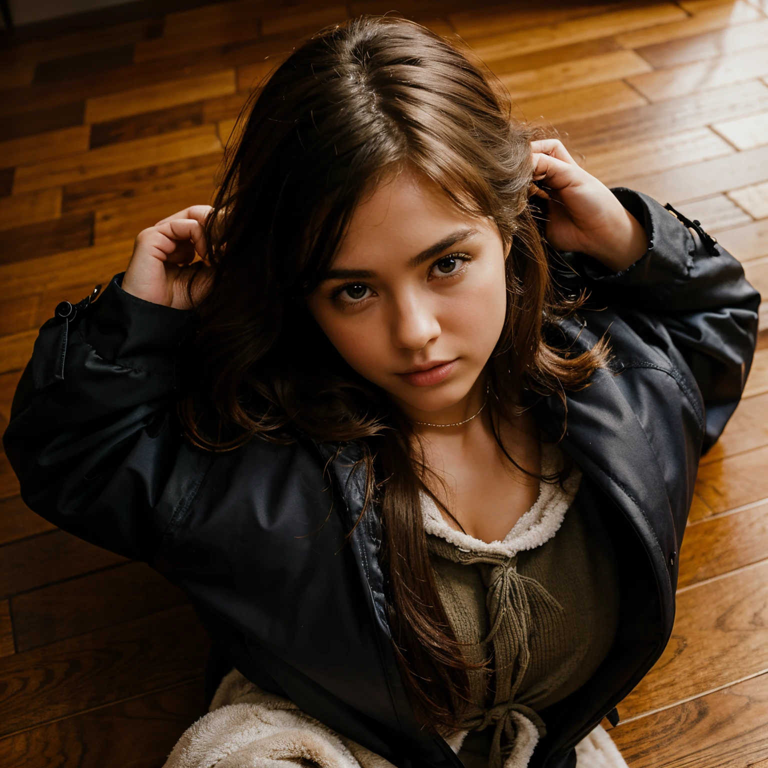 Girl in fur jacket tied on the floor