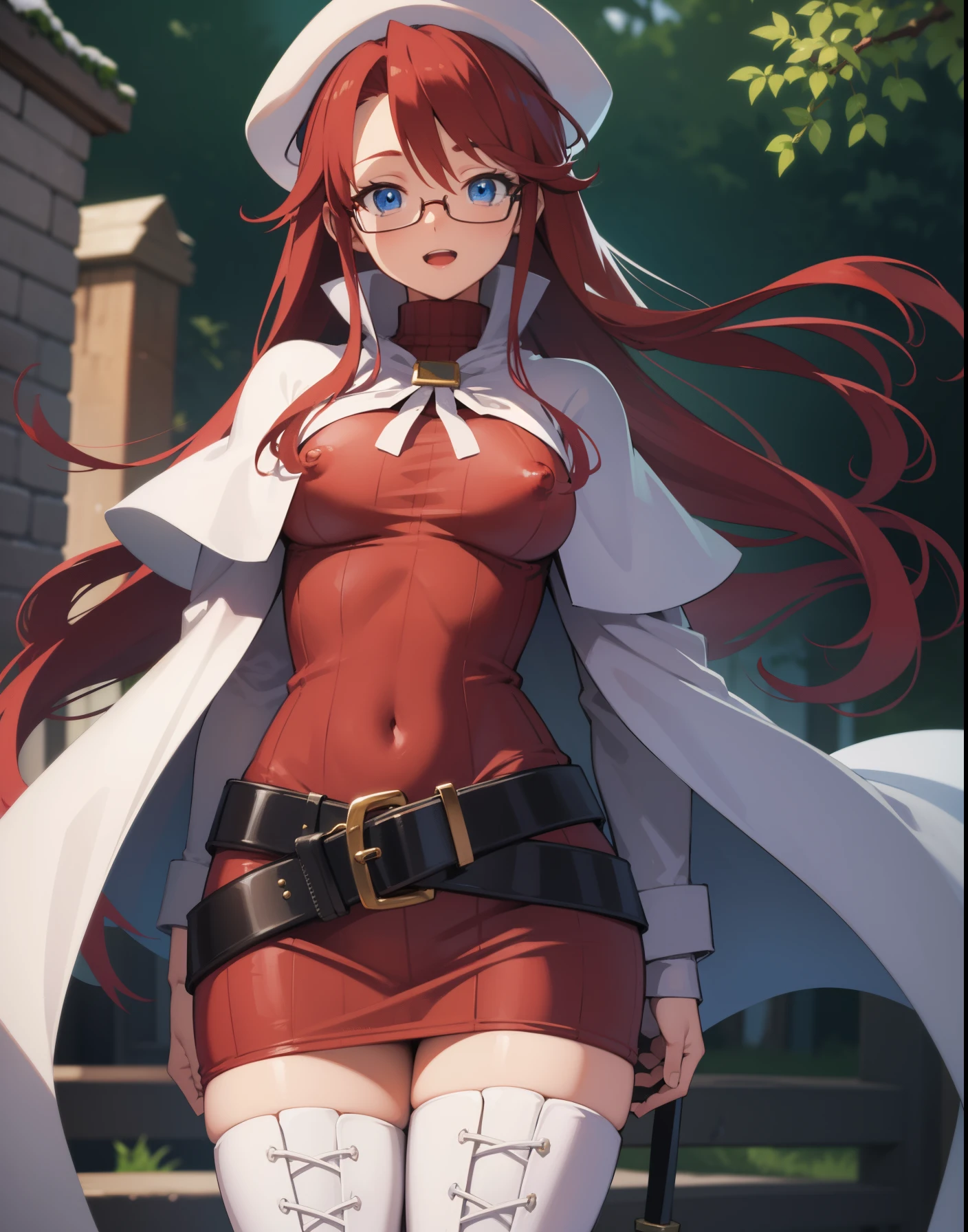 summonnightaty, aty, long hair, blue eyes, red hair, beret, hat, glasses,
BREAK long hair, thighhighs, hat, dress, boots, glasses, belt, cape, sweater, zettai ryouiki, beret, thigh boots, white footwear, ribbed sweater, loose belt,,
BREAK outdoors, fantasy_town,
BREAK (masterpiece:1.2), best quality, high resolution, unity 8k wallpaper, (illustration:0.8), (beautiful detailed eyes:1.6), extremely detailed face, perfect lighting, extremely detailed CG, (perfect hands, perfect anatomy),(covered_nipples:1.3),covered_navel,light_smile,dynamic_posing,(half_eyes:1.2),light_open_mouth,sword,