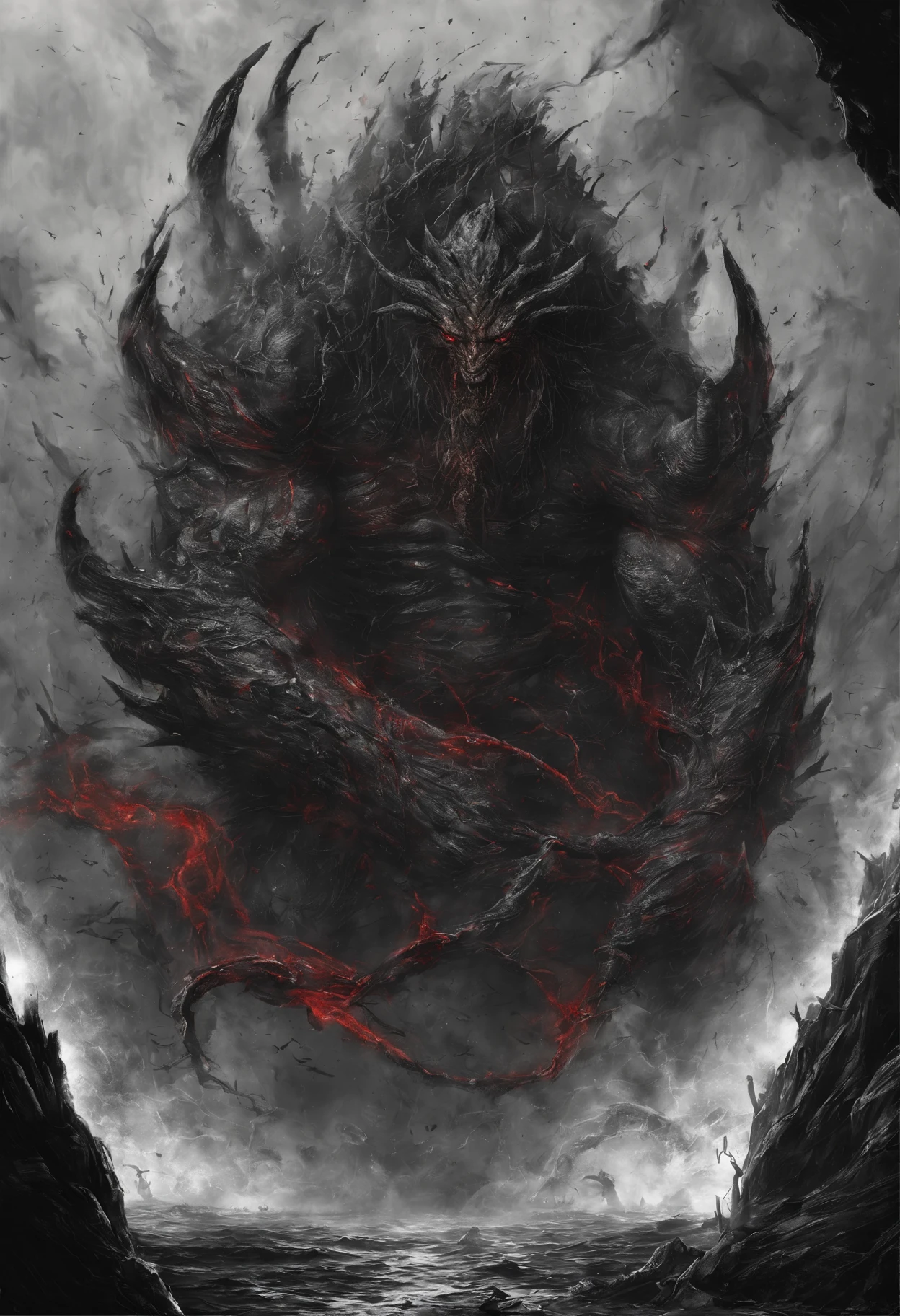 (Messenger from hell:1.4),hell,magma,The whole body wrapped in red flames,(Look up at the perspective:1.4),((Super huge, Thick and sharp giant claw-like scales))),(((The scales are covered with thick barbs)))((Super thick and scary scales)),covered all over the body,((bloodthirsty demon man)),(charging up:1.4),Ugly face,closeup cleavage,Lightning streaked across the sky,(((A thick sea of clouds rolls beneath my feet))),(blood all around),((Blood dripped from between the paws)),(solid:1.4),artworks,ultradetailed,4K分辨率,high high quality,电影灯光,High picture detail,Detailed pubic hair,epic shooting