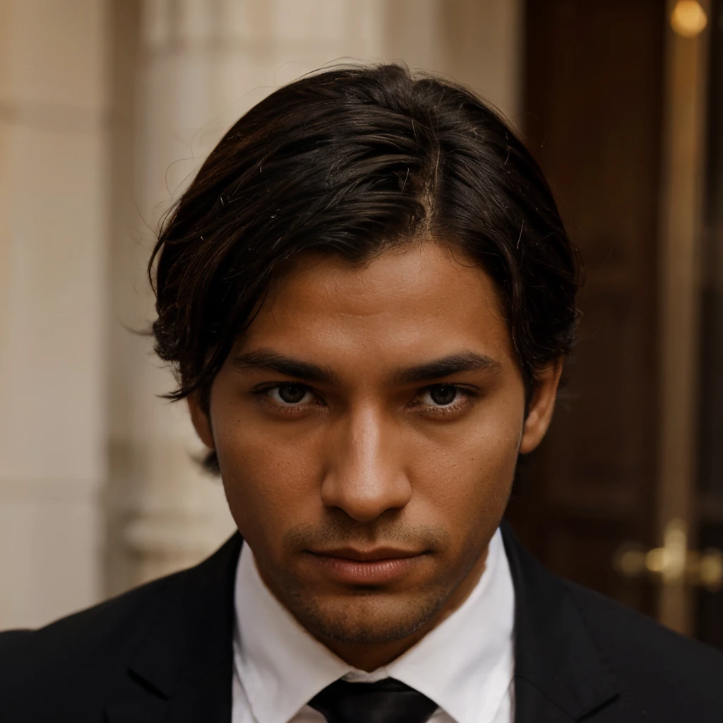 Homme with black cheveux courts black yeux marrons peau bronzée musclée with a blanche chemise and a black cravate near the Tour Eiffel to Paris with rapport from the camera on the face