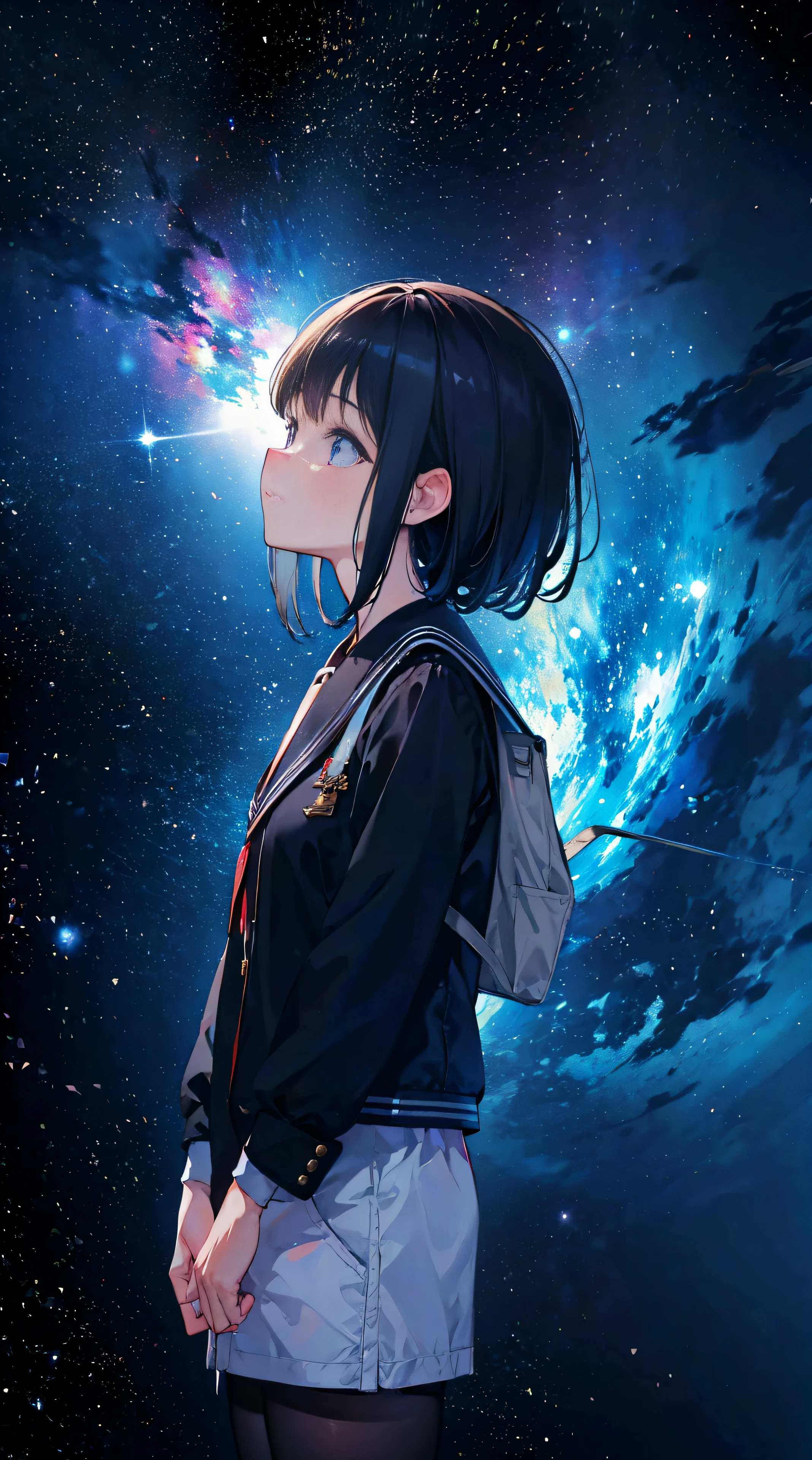 Girl staring at the stars，（Side view：1.4），eyes focus，Perfectcomposition，，8K，ultra - detailed，tmasterpiece，Accurate，Detailed pubic hair，