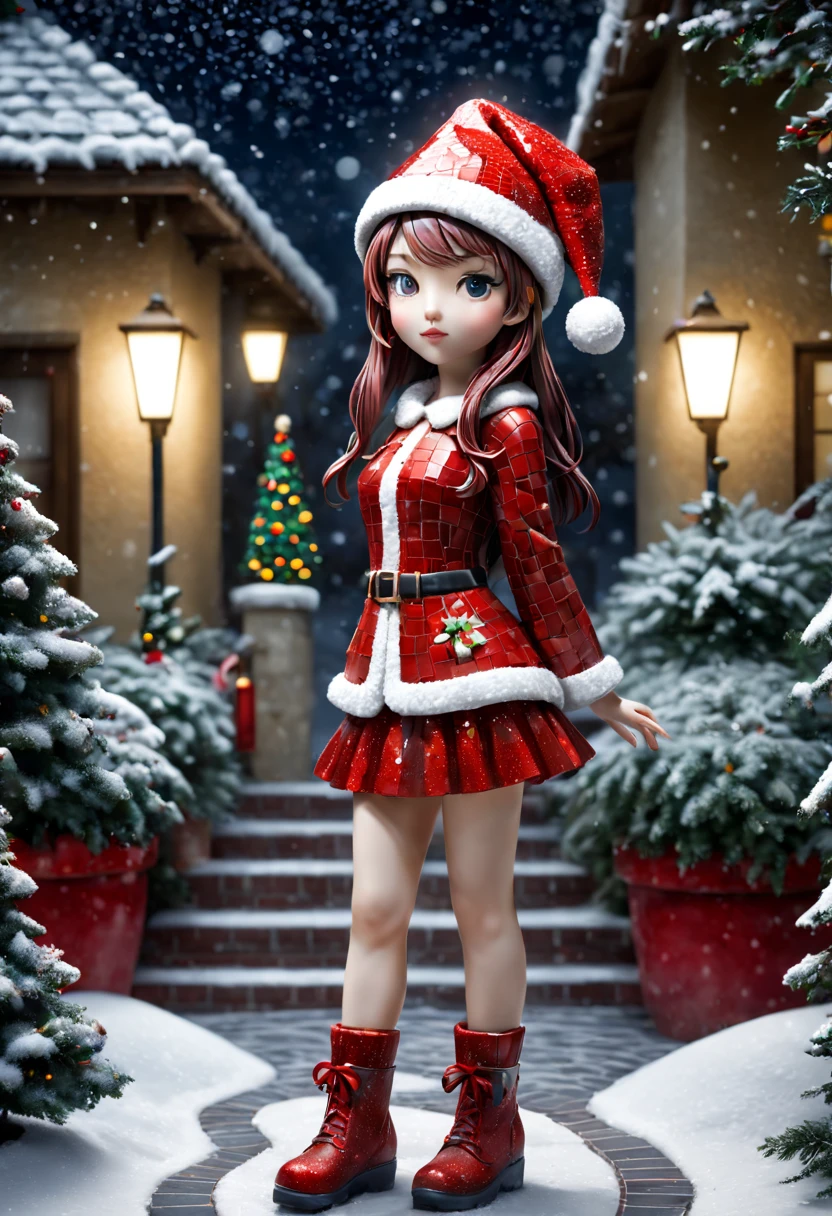 external garden, Mosaic Christmas Girl Sculpture, flagstone road, the night, hyper realisitc,  red christmas hat，mirai, hyper realisitc, winter landscape，[Gentle snowfall]，artistic décor, concept-art, Three-dimensional future, lightand shade contrast, Ray traching, mosaic art, Best quality at best, A high resolution, Award-Awarded, tmasterpiece, 4K