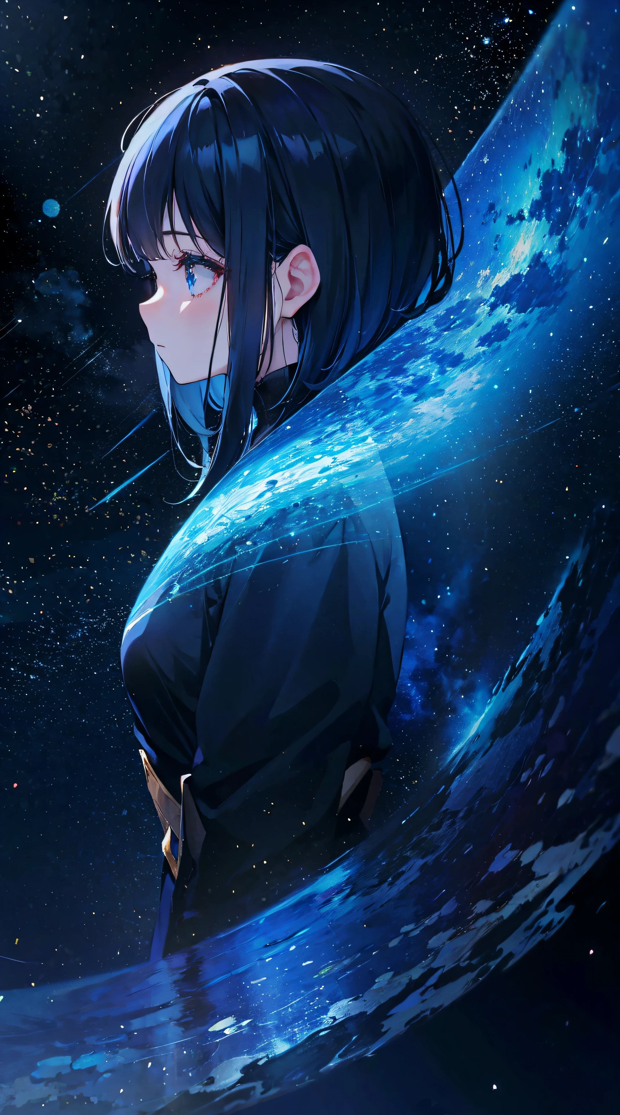 Girl staring at the stars,(Side view:1.4),eyes focus,Perfectcomposition,,8K,ultra - detailed,tmasterpiece,Accurate,Detailed pubic hair,