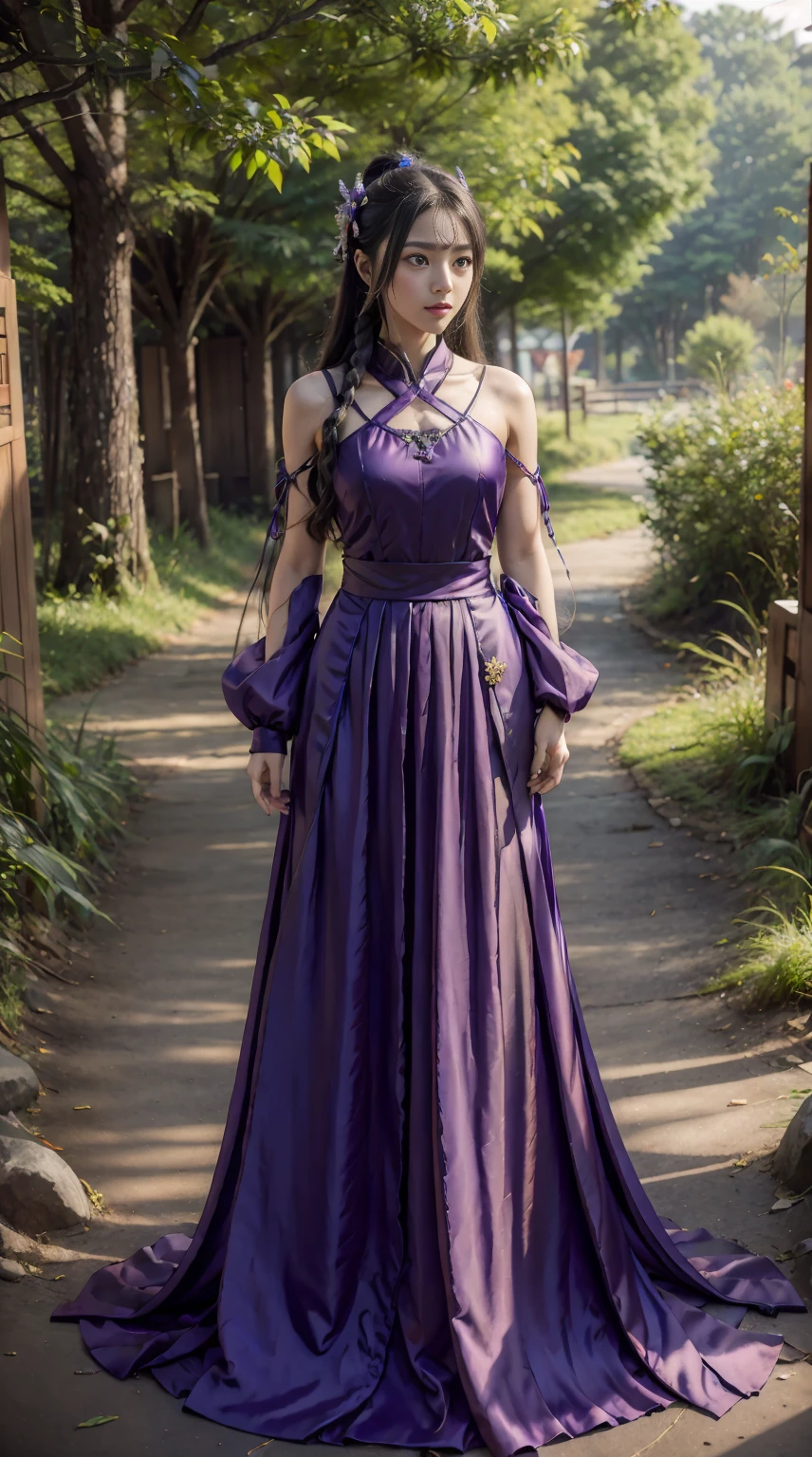 Anime girl in purple and black costume standing in front of forest, 《the original god》Keqing in, 《the original god》Zhongli in Zhongli, heise jinyao, Ayaka Genshin impact, Anime cute art style, black-haired mage, Demon Slayer: Rui fan art, ayaka game genshin impact, yun ling, Inspired by Song Maojin