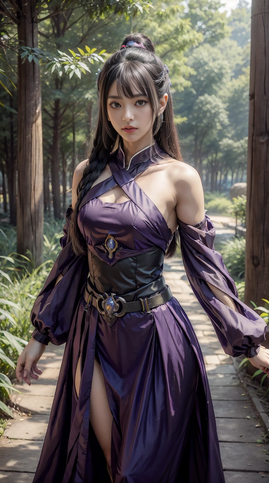 Anime girl in purple and black costume standing in front of forest, 《the original god》Keqing in, 《the original god》Zhongli in Zhongli, heise jinyao, Ayaka Genshin impact, Anime cute art style, black-haired mage, Demon Slayer: Rui fan art, ayaka game genshin impact, yun ling, Inspired by Song Maojin