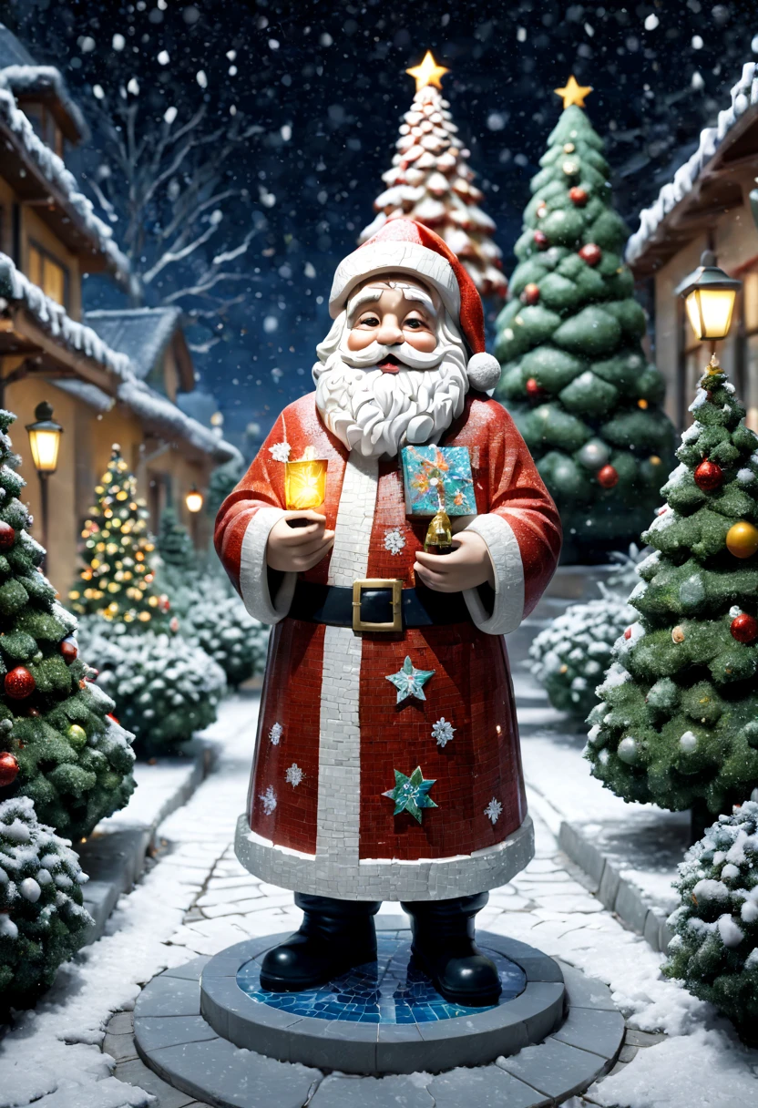 external garden, Mosaic Santa Sculpture, flagstone road, the night, hyper realisitc, [Christmas tree]，mirai, hyper realisitc, winter landscape，[Gentle snowfall]，artistic décor, concept-art, Three-dimensional future, lightand shade contrast, Ray trachinosaic art), Best quality at best, A high resolution, Award-Awarded, tmasterpiece, 4K