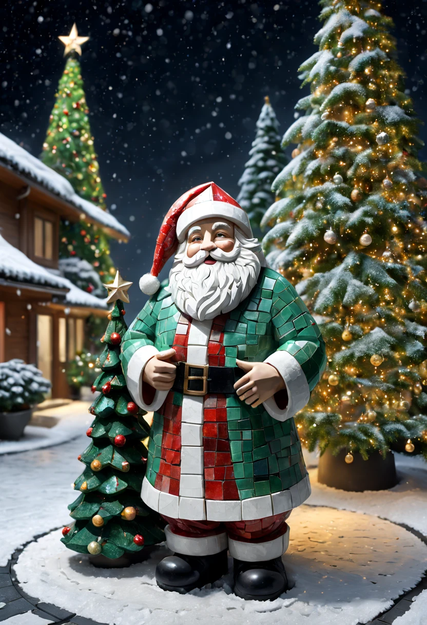 external garden, Mosaic Santa Sculpture, flagstone road, the night, hyper realisitc, [Christmas tree]，mirai, hyper realisitc, winter landscape，[Gentle snowfall]，artistic décor, concept-art, Three-dimensional future, lightand shade contrast, Ray trachinosaic art), Best quality at best, A high resolution, Award-Awarded, tmasterpiece, 4K