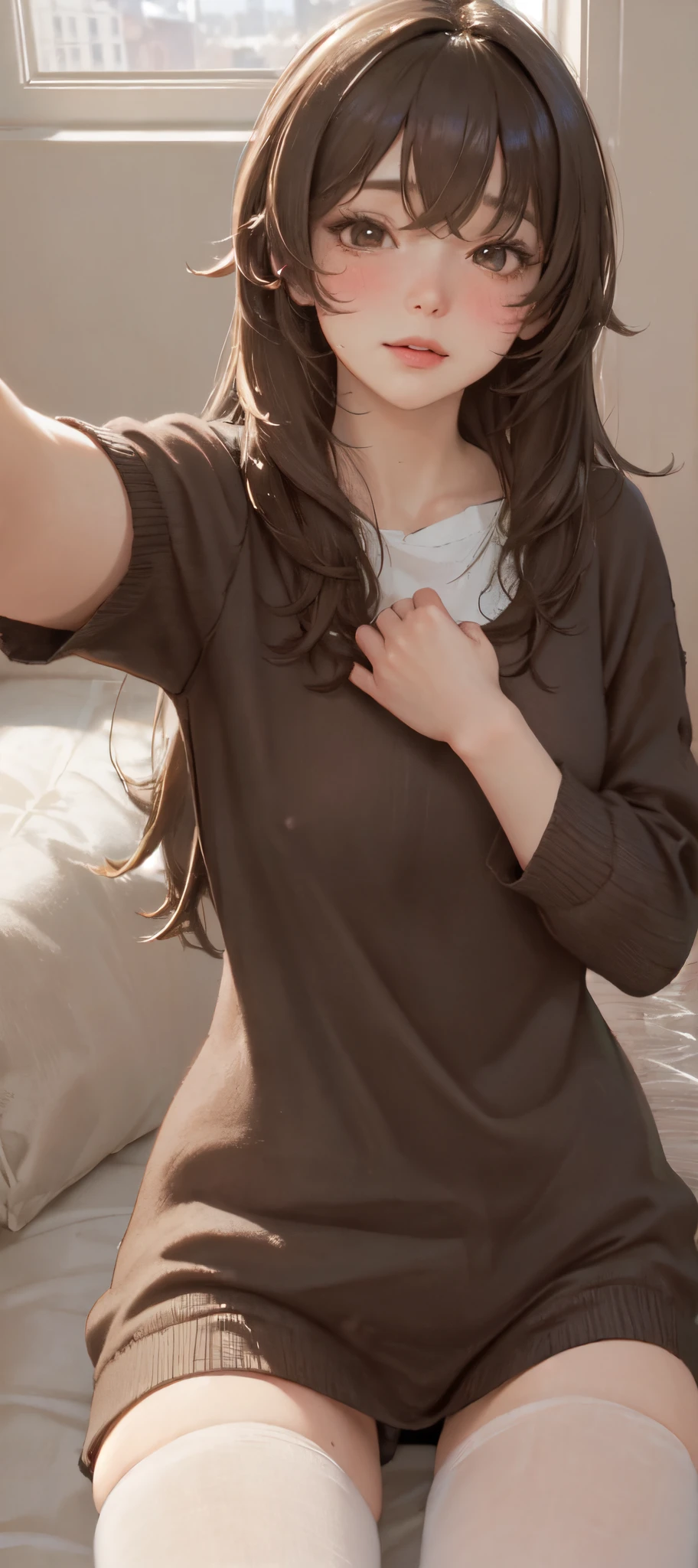 1lady, /(oversized sweater/) v-neck, mature female, /(brown hair/) bangs, blush, (masterpiece best quality:1.2) delicate illustration ultra-detailed, pantyhose BREAK /(modern house living room/) indoors, (((selfie))), (((petite))), (((frontlight))), (((seductive))), (((lying on the back))), (((no pants))), (((wet undies)))