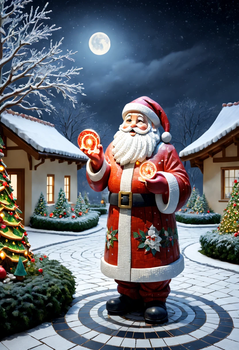 external garden, Mosaic Santa Sculpture, flagstone road, the night, hyper realisitc, mirai, hyper realisitc, winter landscape，[Gentle snowfall]，artistic décor, concept-art, Three-dimensional future, lightand shade contrast, Ray trachinosaic art), wide wide shot, Best quality at best, A high resolution, Award-Awarded, tmasterpiece, 4K