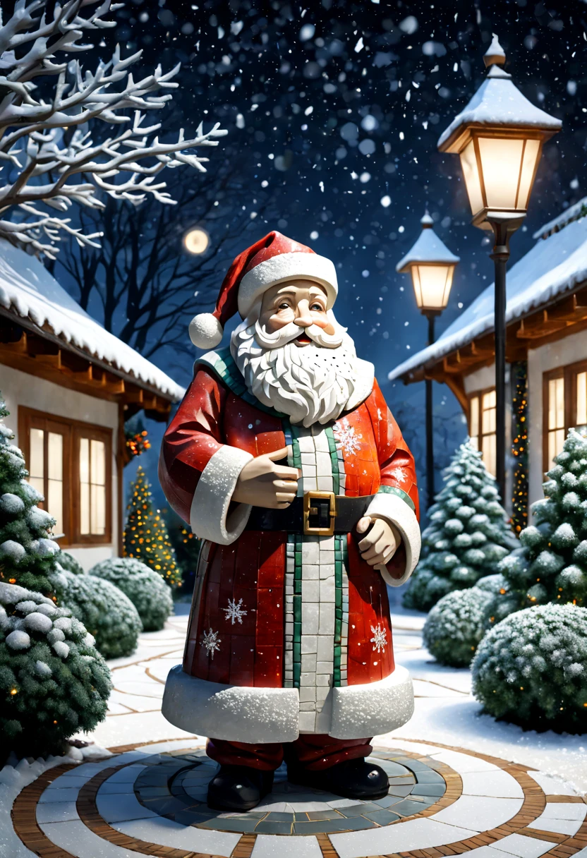 external garden, Mosaic Santa Sculpture, flagstone road, the night, hyper realisitc, mirai, hyper realisitc, winter landscape，[Gentle snowfall]，artistic décor, concept-art, Three-dimensional future, lightand shade contrast, Ray trachinosaic art), wide wide shot, Best quality at best, A high resolution, Award-Awarded, tmasterpiece, 4K