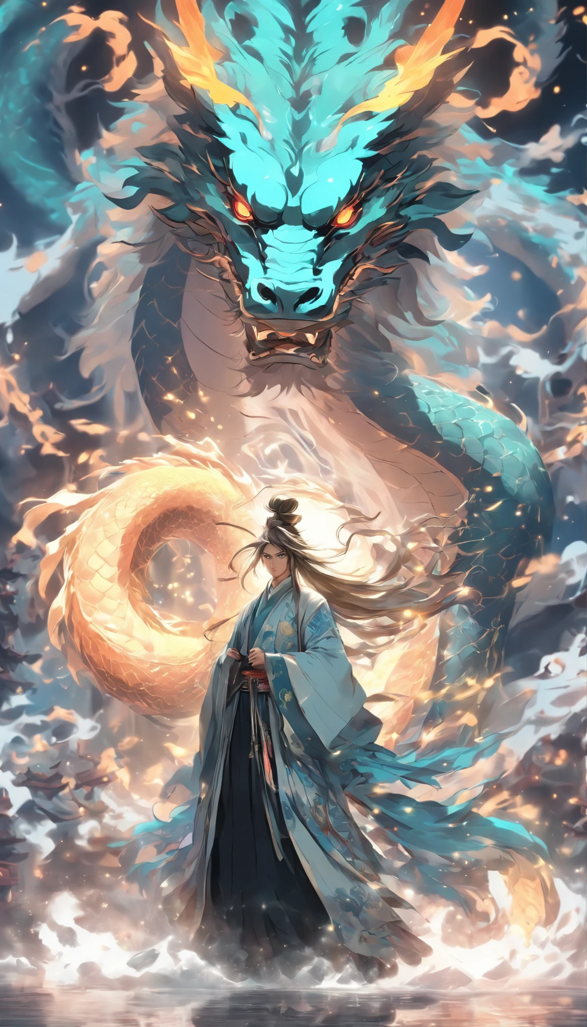 China style,中景 the scene is,The Taoist priest stood in front of a huge transparent dragon,reaching out her hands,Long messy hair,Glow effect,Hyper-realistic,Ultra photo realsisim,Chinese black and white ink style,Silver,Decolorization,Smudge,Inky,8K,super-fine,high qulity,OC renderer