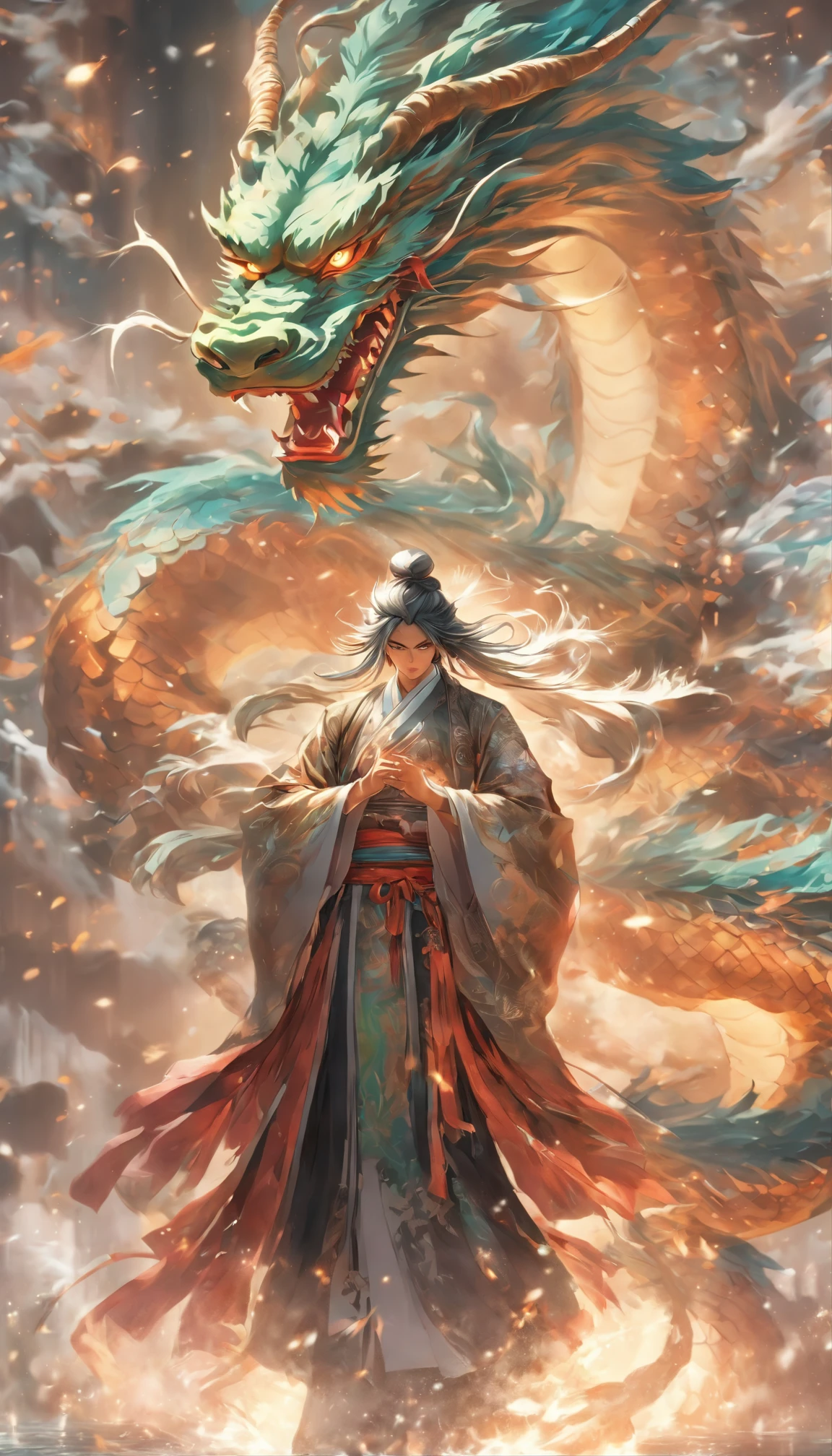 China-style，Medium shot ，Mechanical Taoist priest stands in front of a transparent dragon，Reach out her hand，Hold the sword in his right hand, he faced the dragon，Long messy hair，glowing effect，hyper realisitc，ultra real photo，Chinese black and white ink style，Plata，decolorization，soiled，Inky，8K，ultradetailed，high high quality，Overclocked renderer