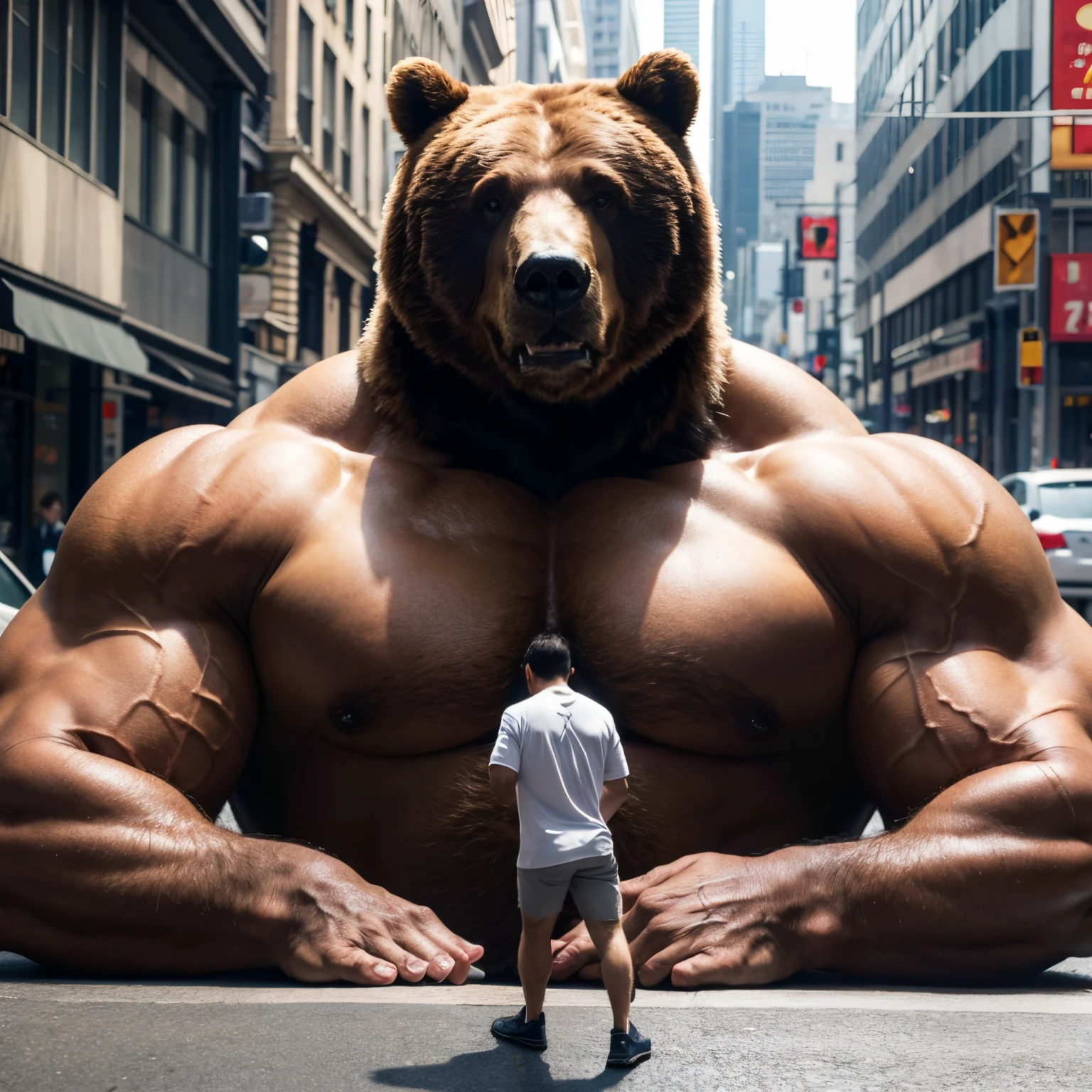 the muscular and large bear  7 metres height，It  destroying the street