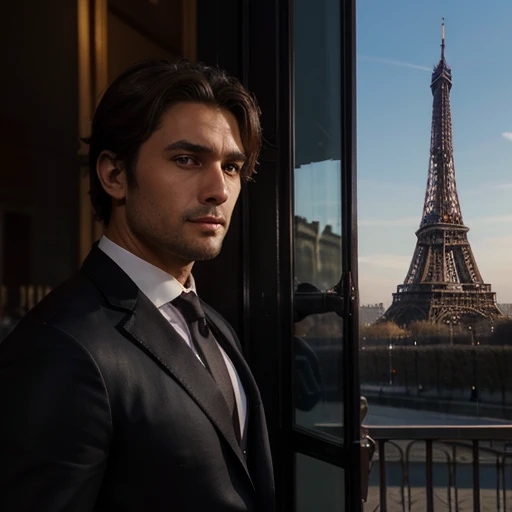 Hommes&#39;Cheves noires et marrons en bronze musclée avec une chemise blanche et une cravate noire près de la Tour Eiffel à Paris avec un cliché de l&#39;appareil photo sur le visage