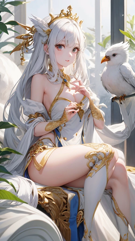 masutepiece、Good anatomy、(The needle is accurate)、(extremely delicate and beautiful:1.2)、
8K、
(masterpiece:1.0)、
(best_quality:1.0)、Good anatomy、
1人、
Intricate details、Enlarged texture、
intricate-detail、finely eye and detailed face、
intricate detailes、white hair、A slight smil、
perfect eyes、Equal eyes、goddes、(Staring Bird and Girl)
perfectbody、ighly detailed、Wearing a beautiful dress、jewely、(A cute little bird rides on a beautiful fingertip)、The needle is accurate、Detailed fingertips