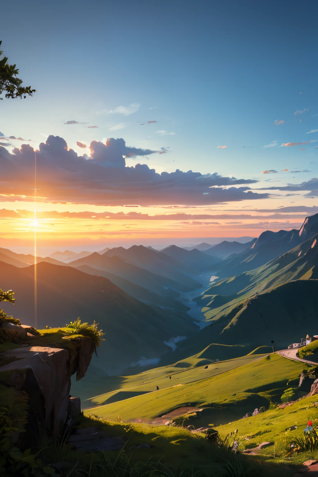 uma visao atraves da janela onde vemos um caminho que nos leva a uma natureza com riacho montanha e um por do sol