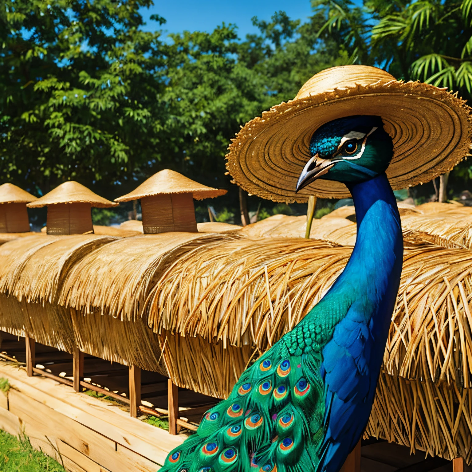 Peacock in a straw hat against the background of beehives