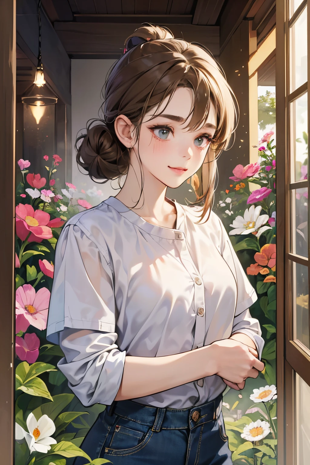 (masutepiece, Digital Art, Digital Illustration, 4K, 8K, Ultra-detailed, beautiful image, Sharp Image, Photorealistic, Raw photo, Perfect face, Perfect lines, Perfect eyes, Soft lighting) 1 woman, (lightbrown hair,Chignon Hair,Innocent look,drooping eyebrows,drooing eyes,with round face,Round jaws、Innocence,cute little,big eye,natural make up,kindly smile,E-cup,23 y-o woman:1.3),Two handsome men in suits, (ember,Men in suits,well-muscled,Firm shoulder width, mannish hairstyle,Man in his 30s with a cool expression,28-year-old man with bright smile:1.2),Flower Shop,In the storefront of a florist,Flower Cottage,colorful flower,lots of flower、Skinny Denim,white shirt,(Nervous,be shy,sleepy,embarrassed from:1.1),the kiss、kiss、a couple、couple kissing、Romance、A slight smil、Florist full of light,wretched、Cheek dyeing、