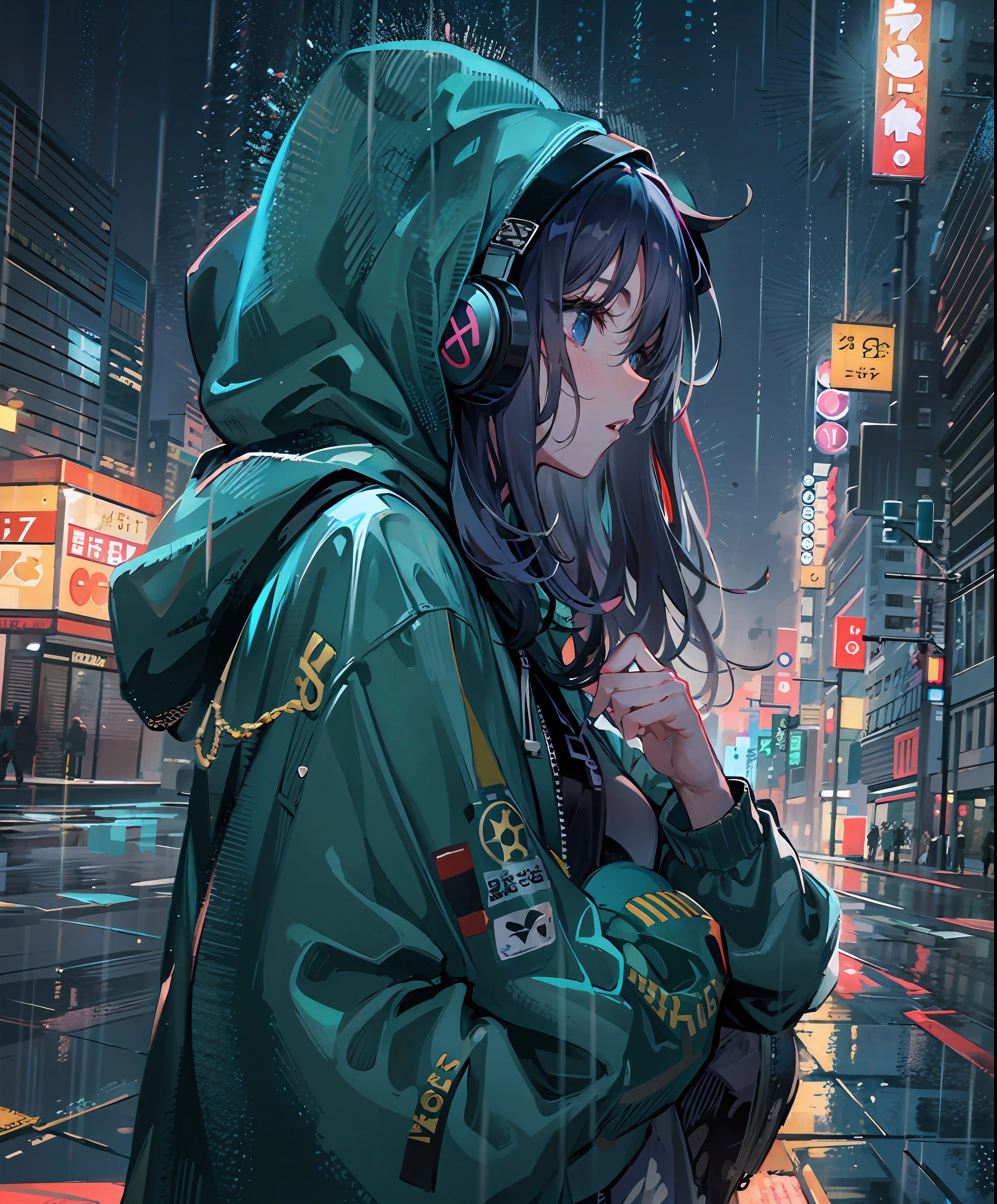 masterpiece, girl alone, solo, incredibly absurd, hoodie, headphones, street, outdoor, rain, neon,